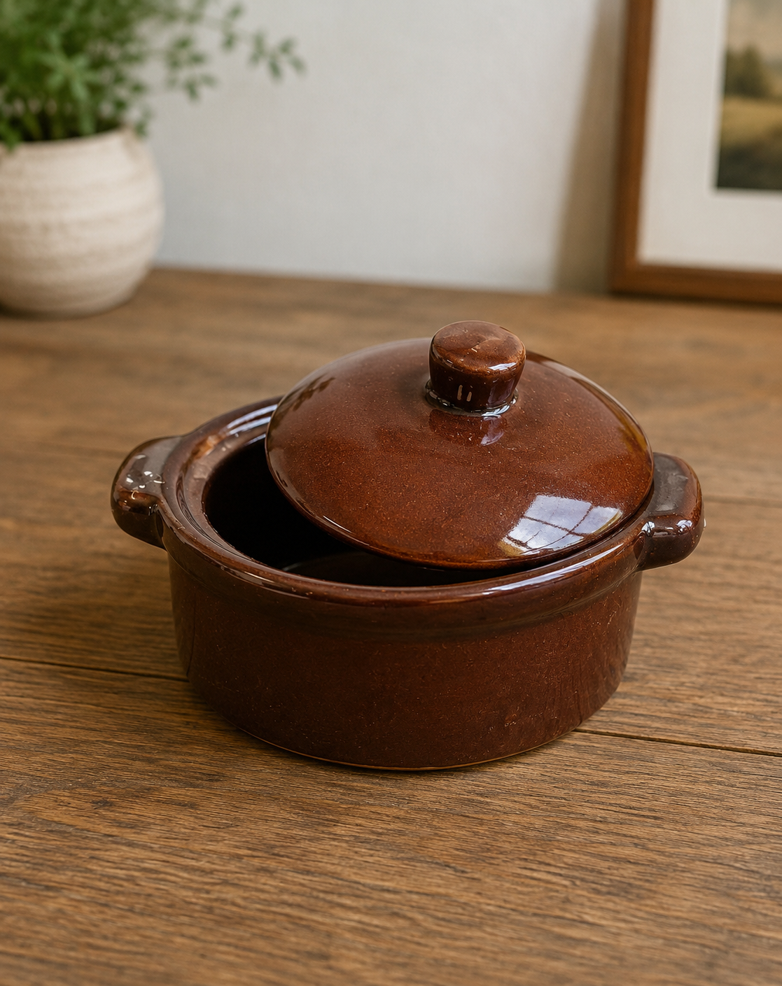 Vintage Brown Stoneware Covered Serving Dish | Rustic Ceramic Kitchen Dish with Lid