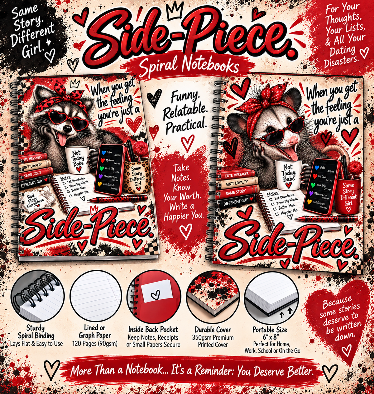 Side-Piece Spiral Notebook – Funny Opossum Dating Disasters Journal – Red Flag Dating Humor Notebook 6x8