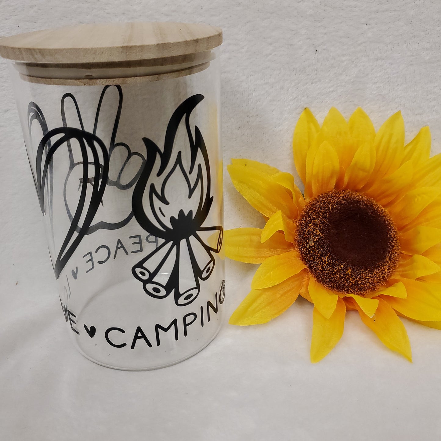 Peace, Love, Camping Glass Storage Container