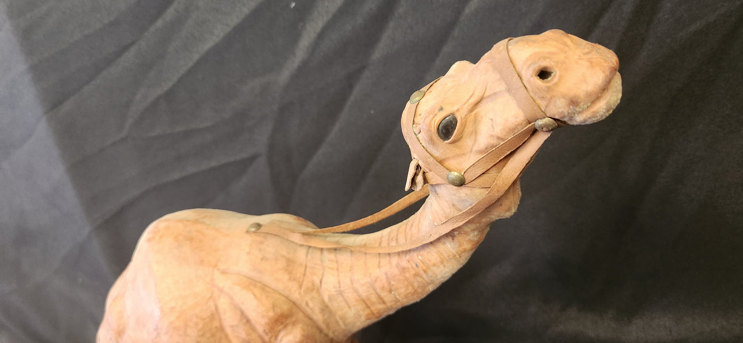 Leather Wrapped Camel Figurine 14" Dromedary Statue 1970s Vintage Brown Detailed