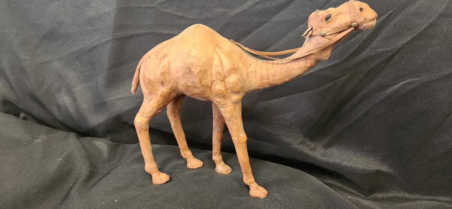 Leather Wrapped Camel Figurine 14" Dromedary Statue 1970s Vintage Brown Detailed