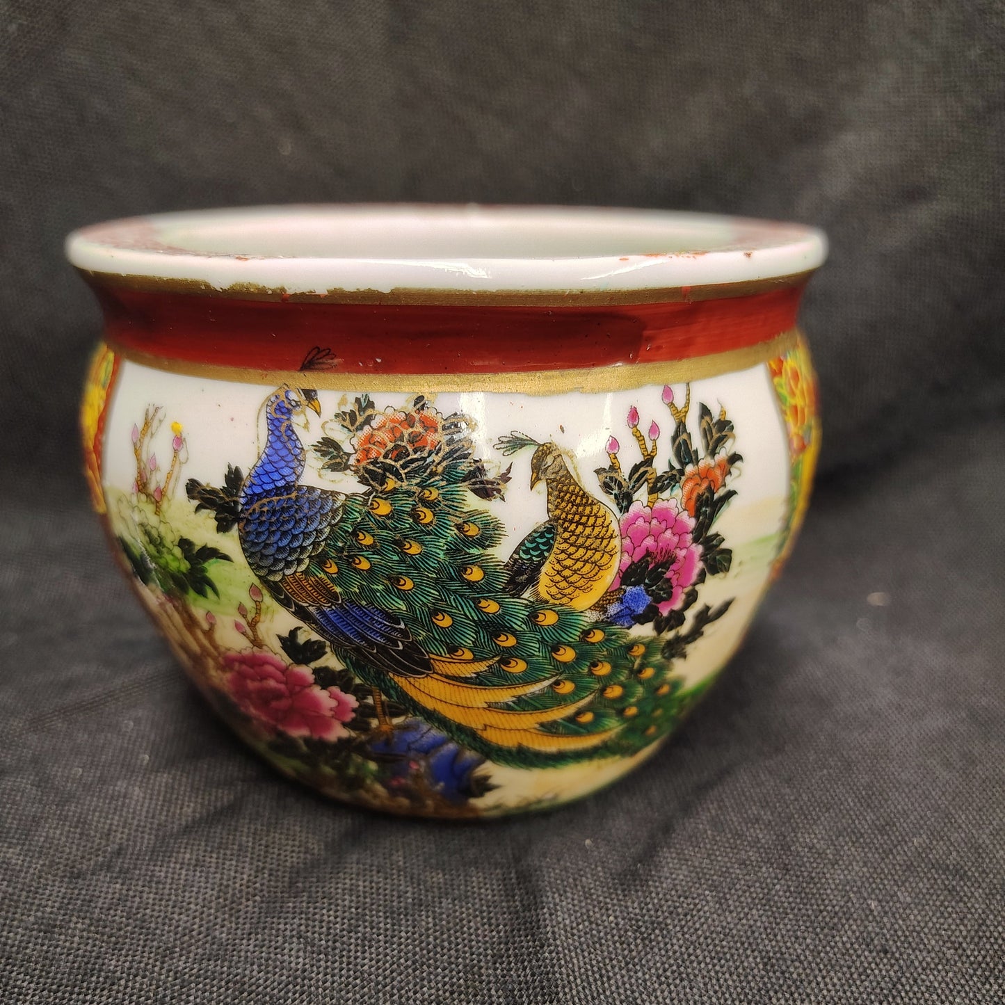 Japanese Fishbowl Peacock & Floral Porcelain Planter