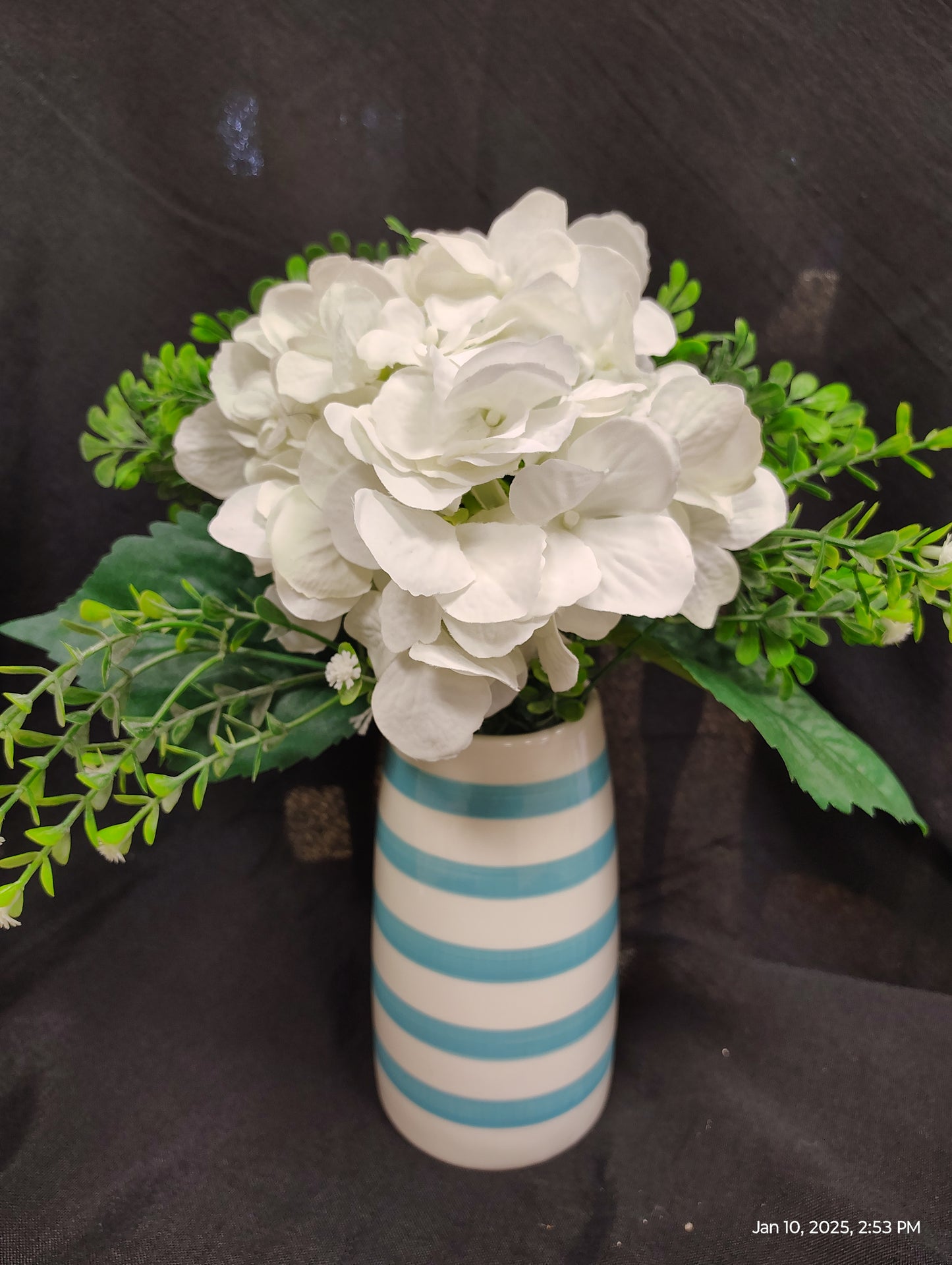 White Hydrangea Bouquet in Blue Teal and White Vase - Floral Home Decor