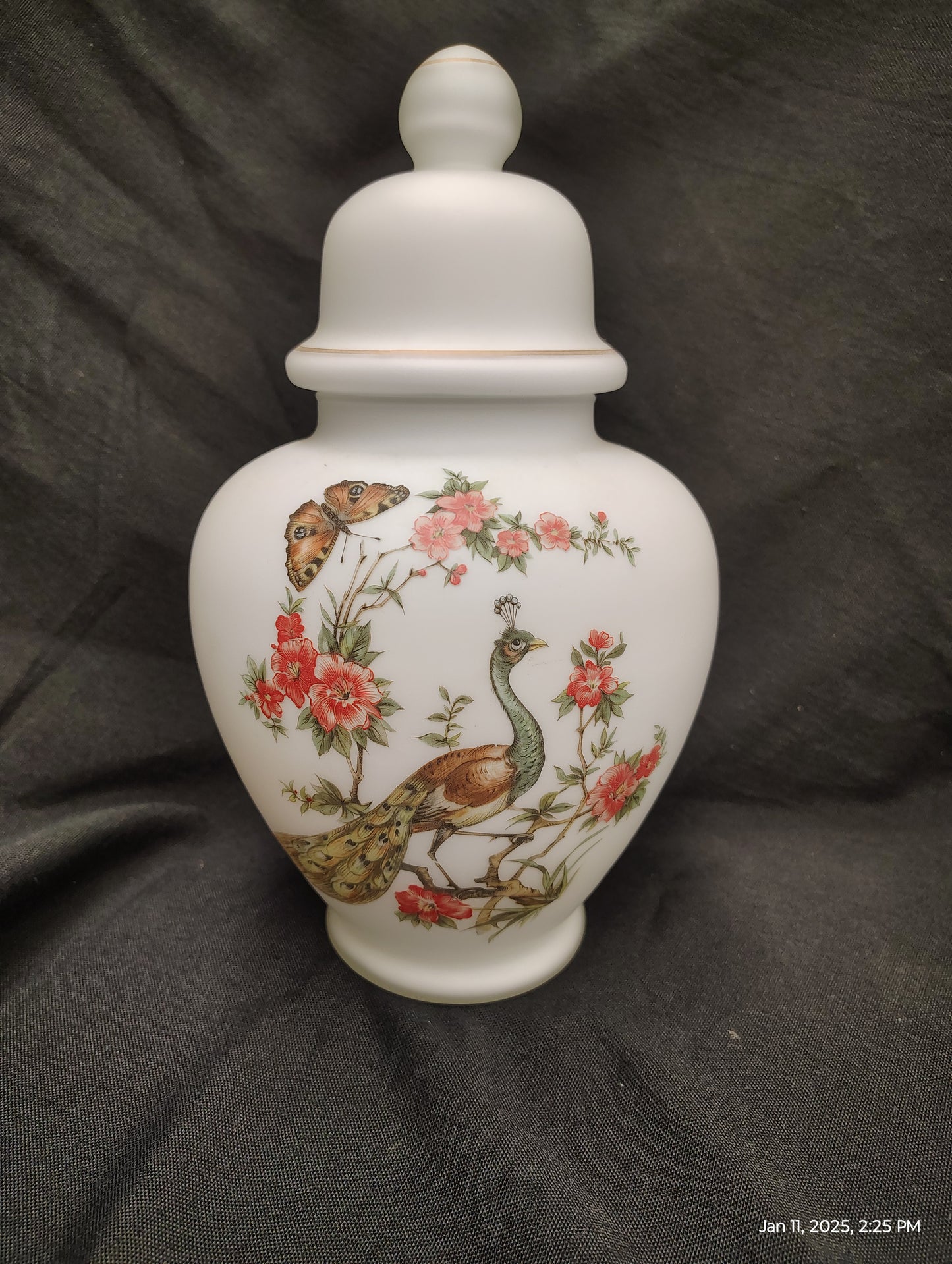 Norleans Peacock Frosted Glass Ginger Jarwith Lid