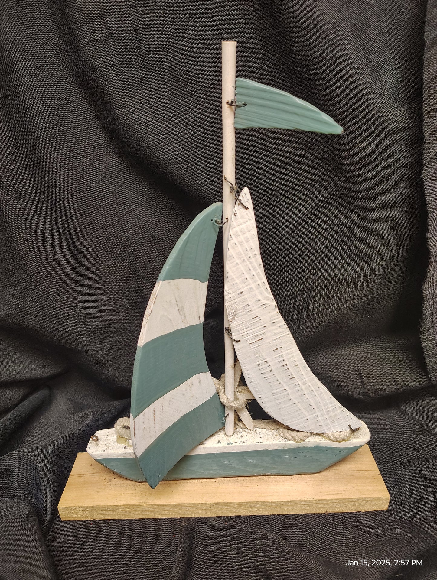 Blue & White Wooden Sailboat