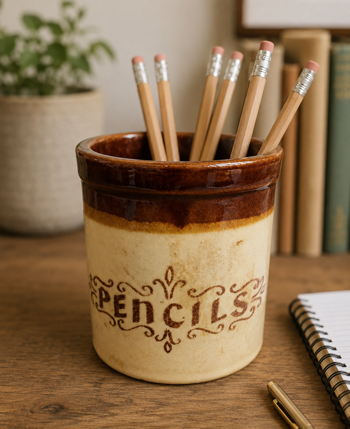 Vintage Ceramic Crock Pencil Holder | Rustic Pottery Desk Organizer | Farmhouse Decor