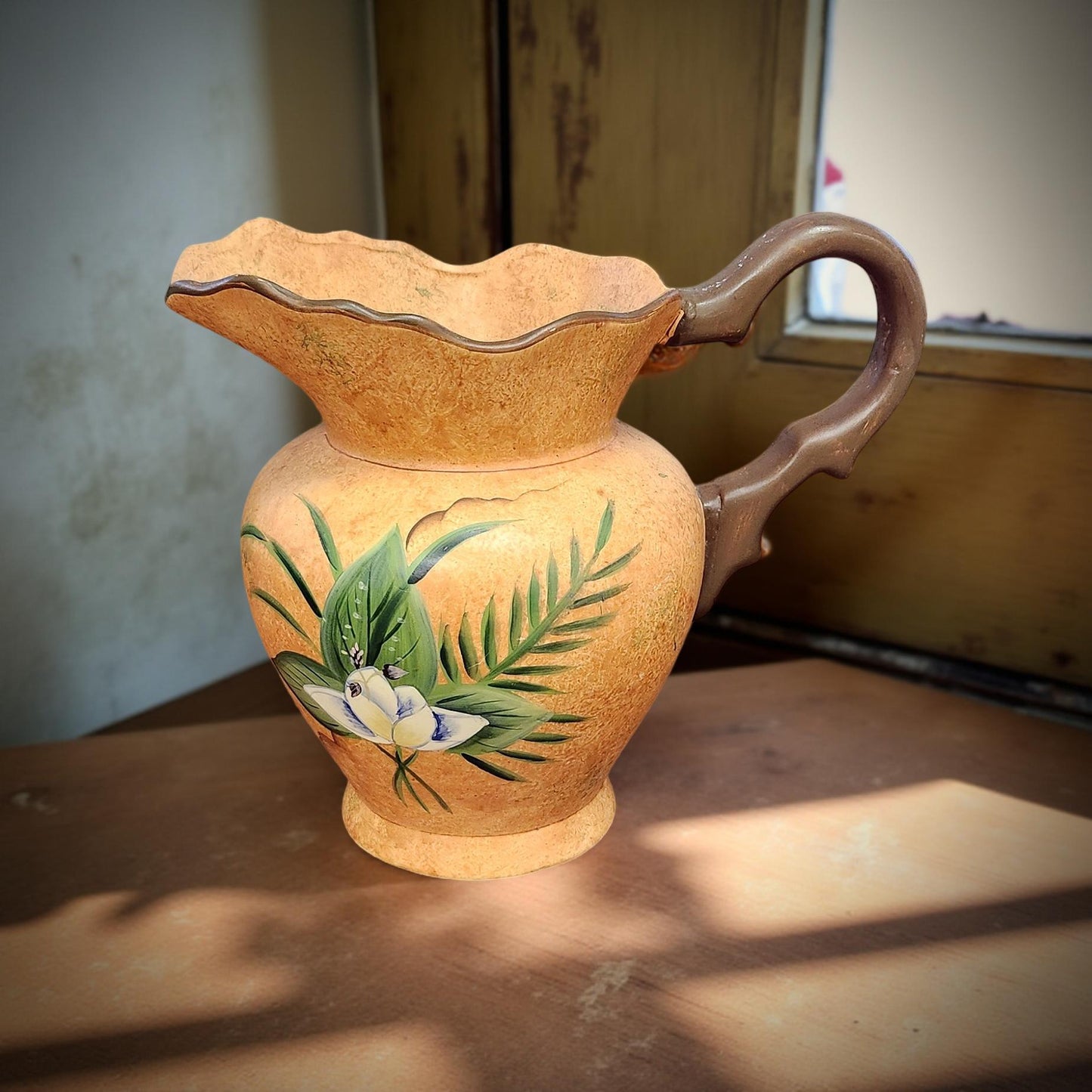 🌺 Tropical Floral Ceramic Pitcher – White Flowers & Ferns