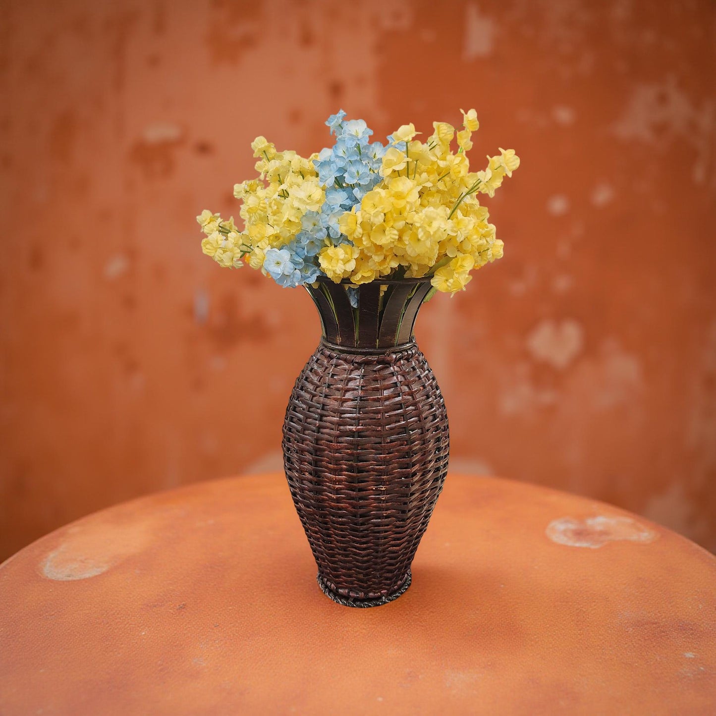 🌾 Wicker Vase with Blue and Yellow Flowers – Rustic Home Accent