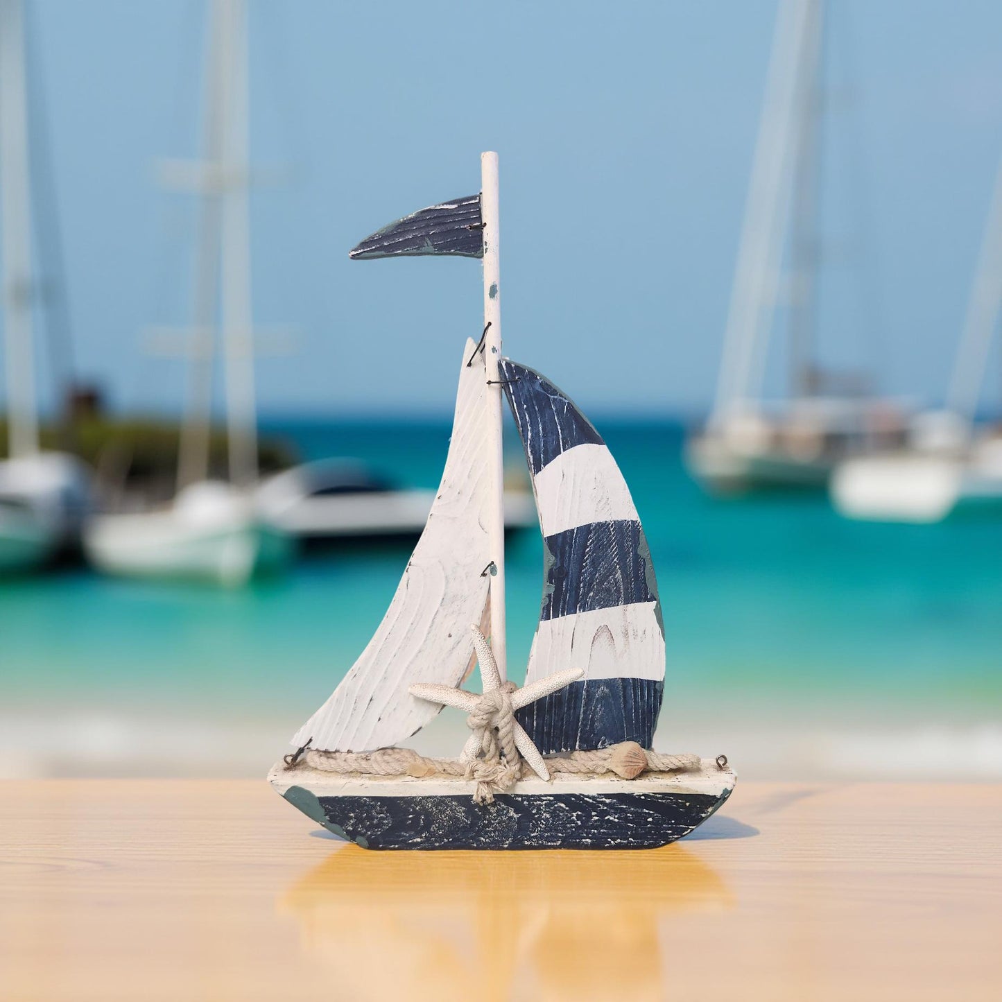 Blue & White Wooden Sailboat