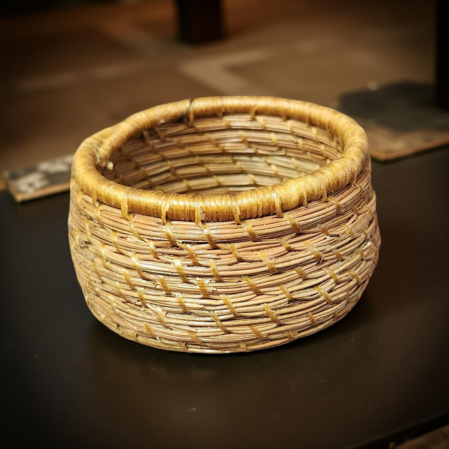 Boho Pine Needle Basket with Cermaic or Shell Base - Small Handcrafted Decor