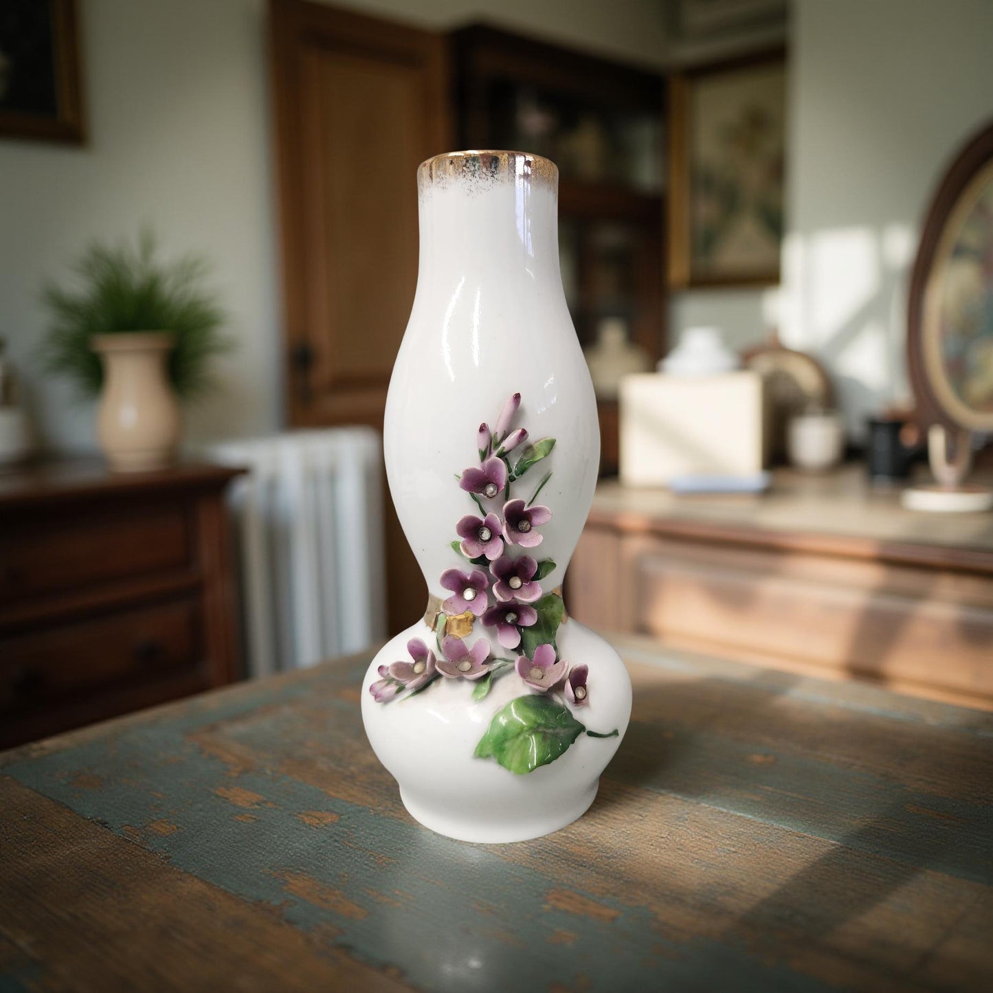 Vintage Lefton China Vase with Purple Floral Design