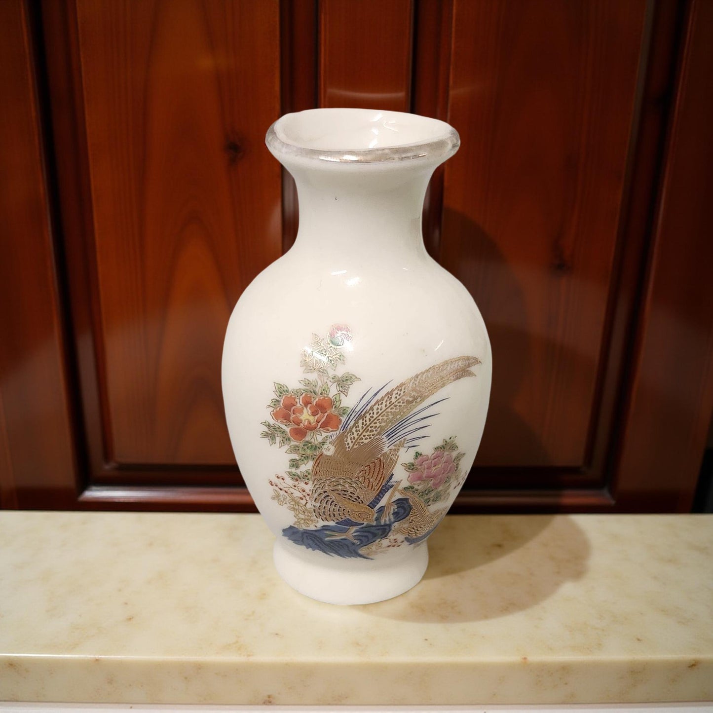 Vintage Japanese Mini Bud Vase – Peacock & Floral Elegance