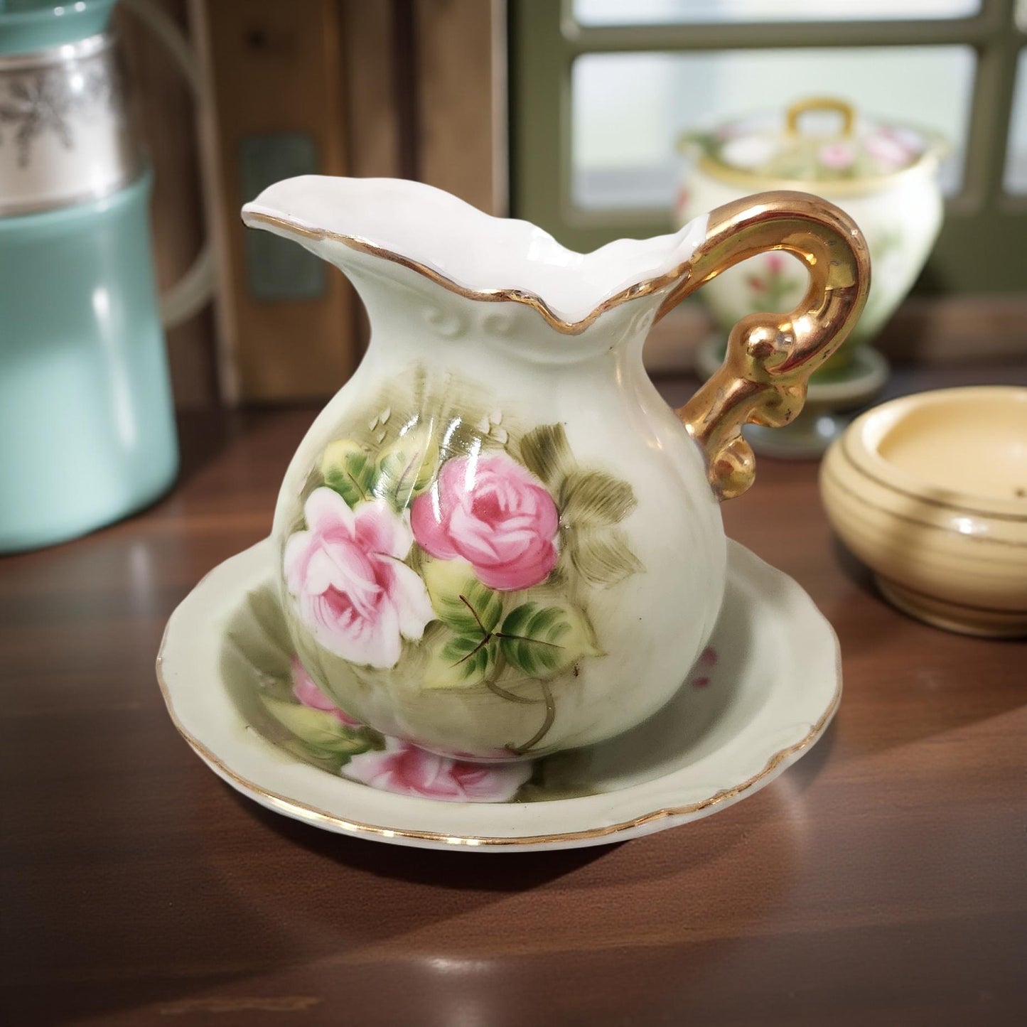 Lefton China Cabbage Rose Set - Small Pitcher and Bowl Set Vintage