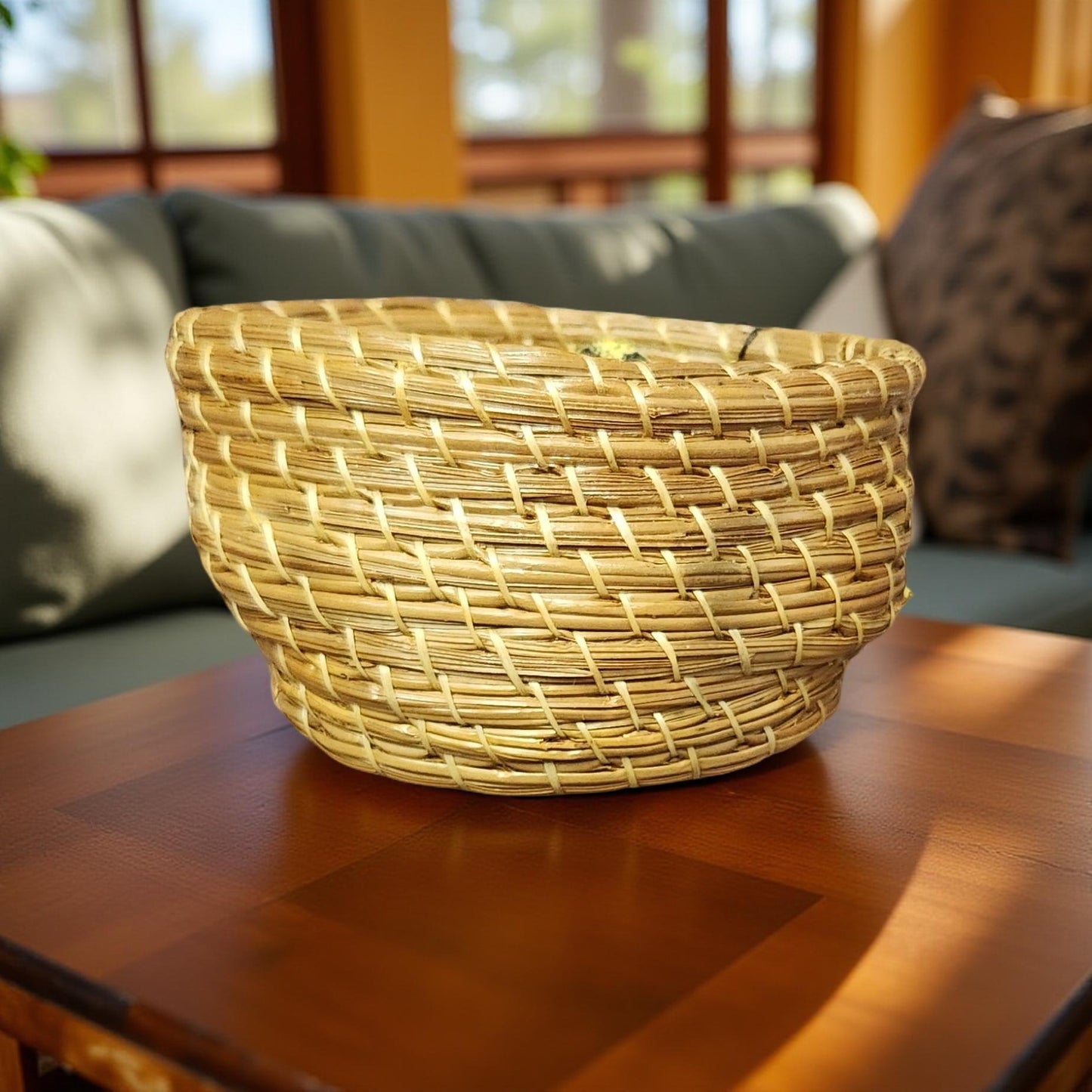 Boho Pine Needle Basket with Cermaic or Shell Base - Small Handcrafted Decor