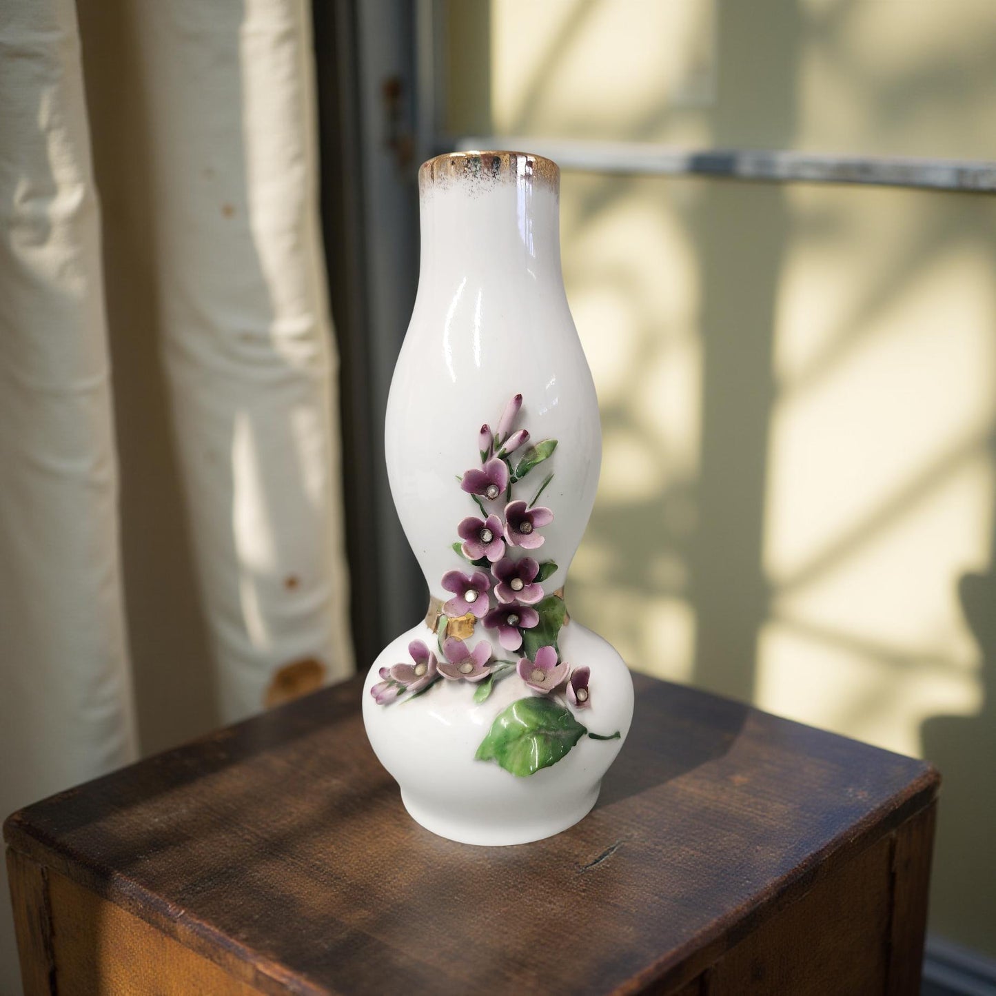 Vintage Lefton China Vase with Purple Floral Design