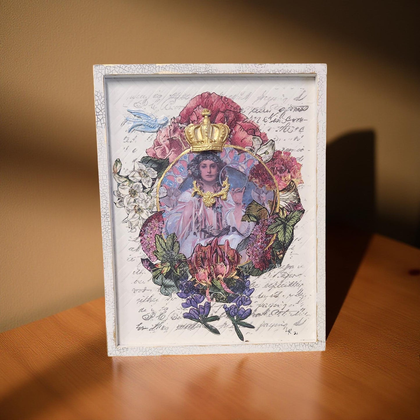 Handmade Mary in Flowers Decoupage Art by Linda Richard