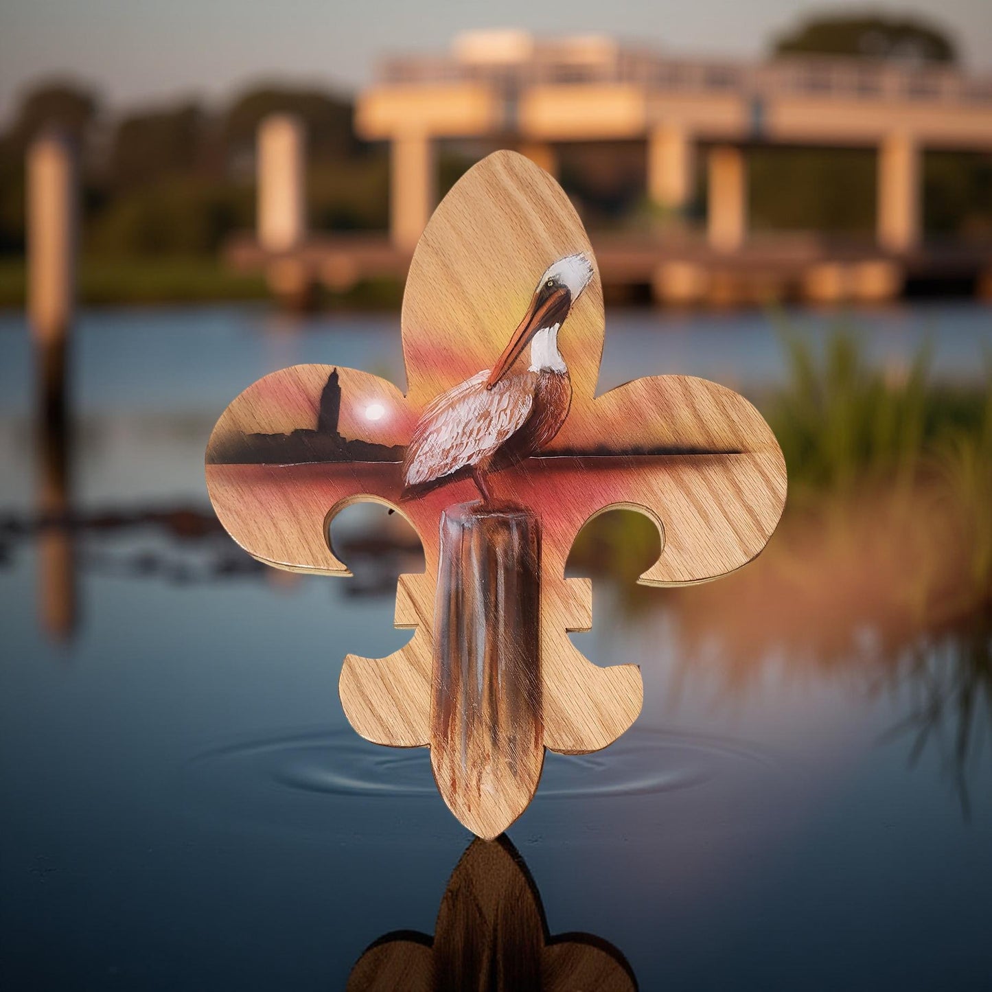 Hand-Painted Fleur de Lis Wall Plaque with Louisiana Scenery Featuring Pelican