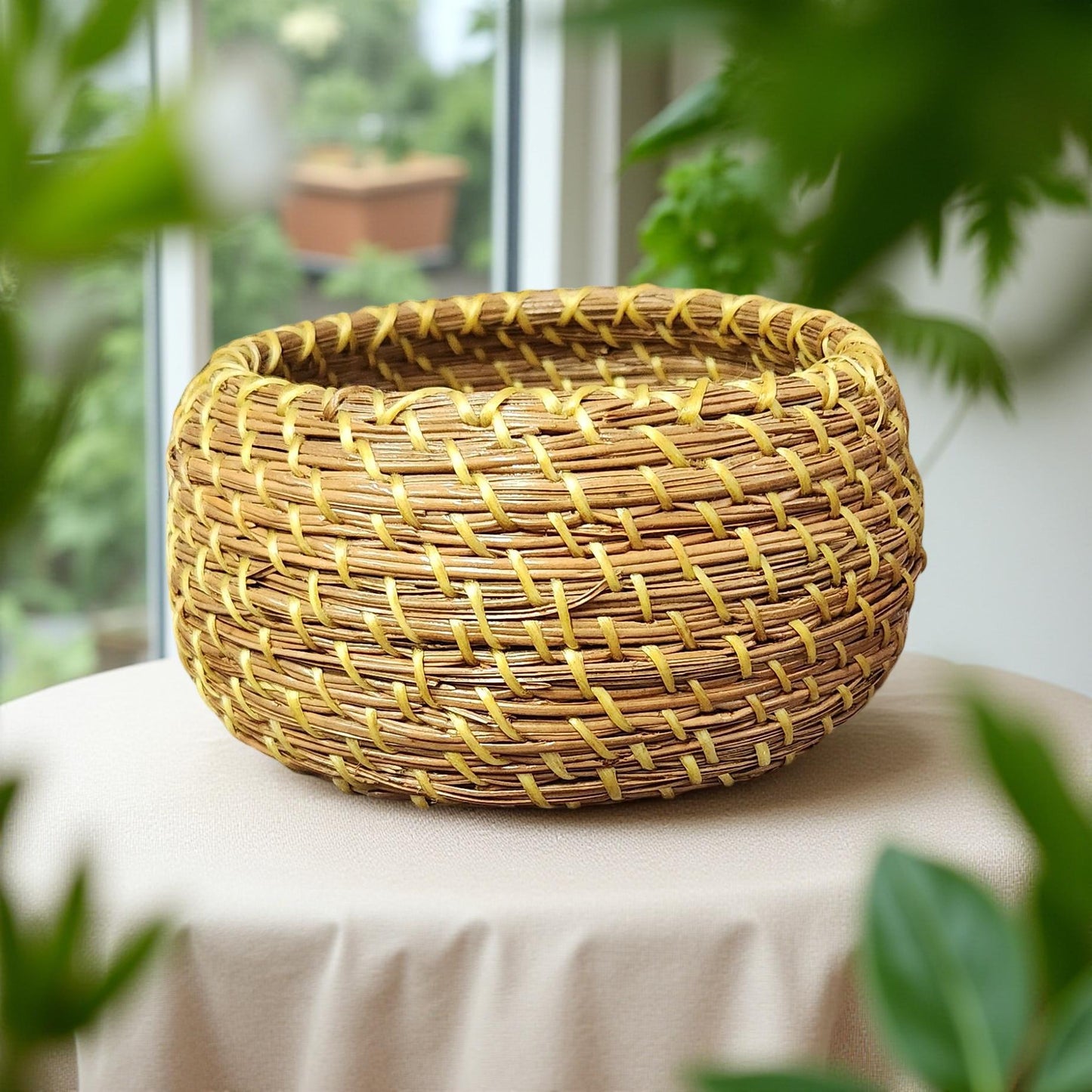 Boho Pine Needle Basket with Cermaic or Shell Base - Small Handcrafted Decor