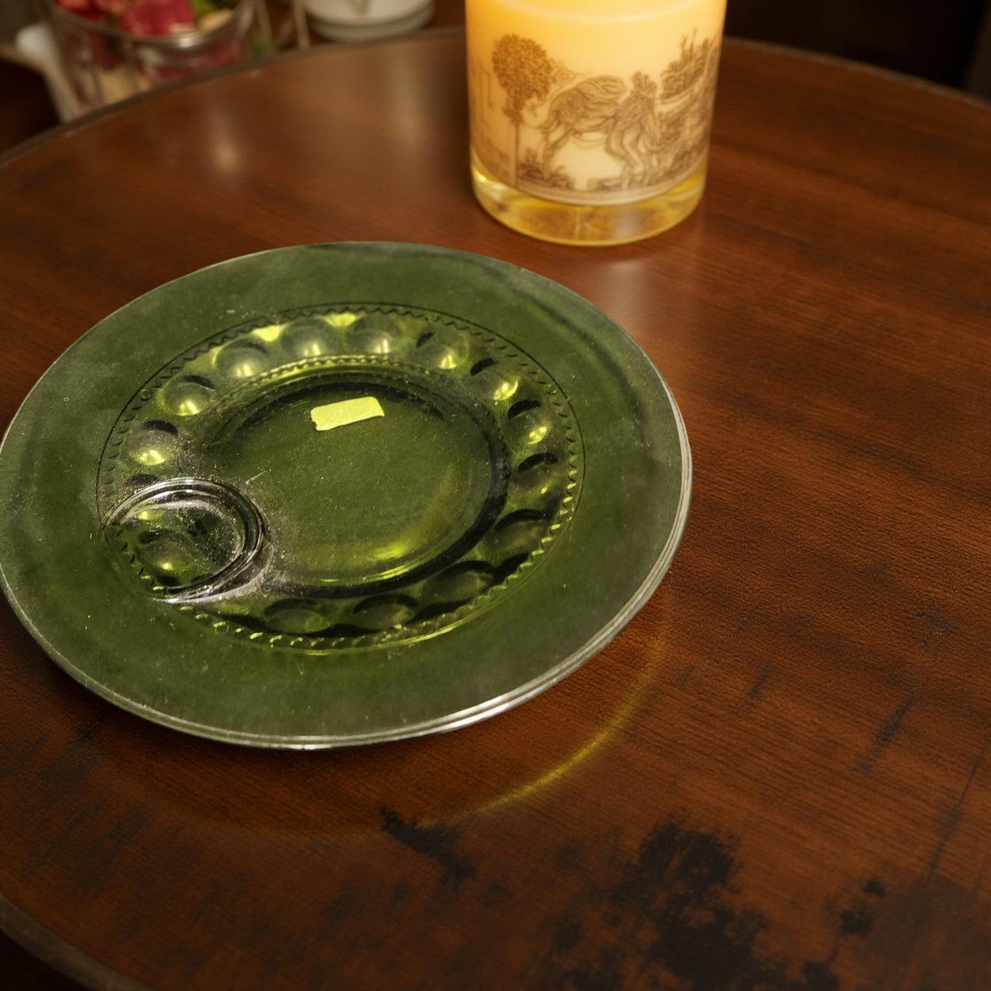 King's Crown Thumbprint Avocado Green Plate - Indiana Glass Company