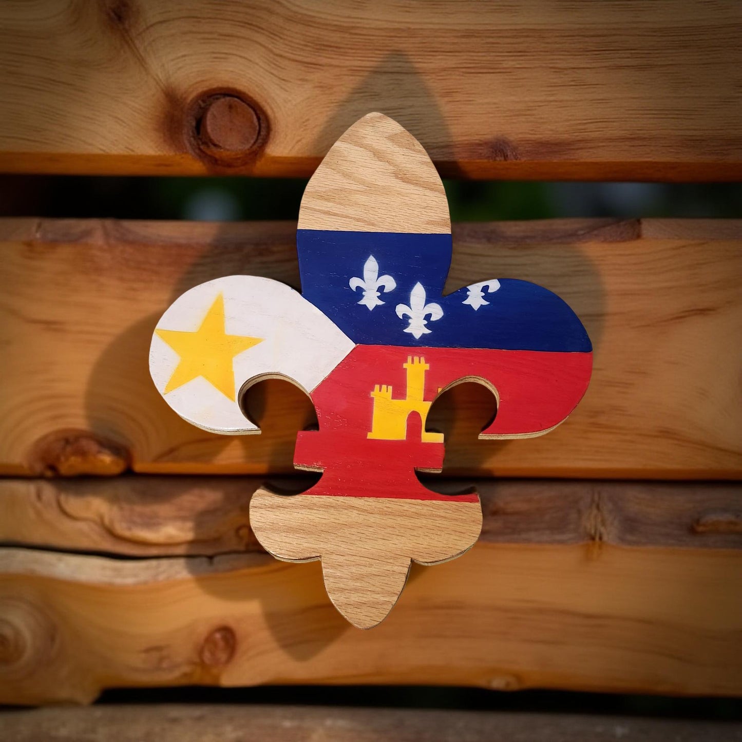 Hand-Painted Fleur de Lis Wall Plaque with Louisiana Scenery Featuring Pelican