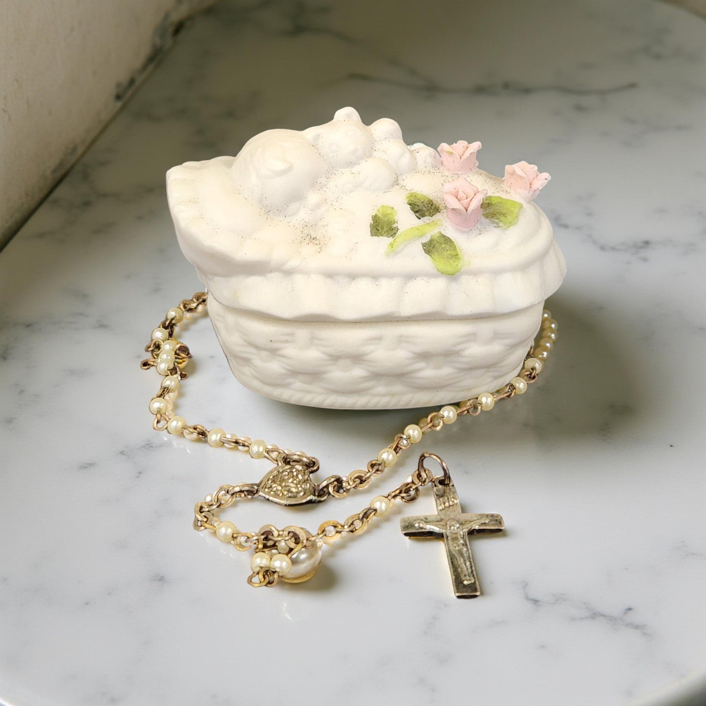 Unique Porcelain Keepsake Box with Baby's First Rosary