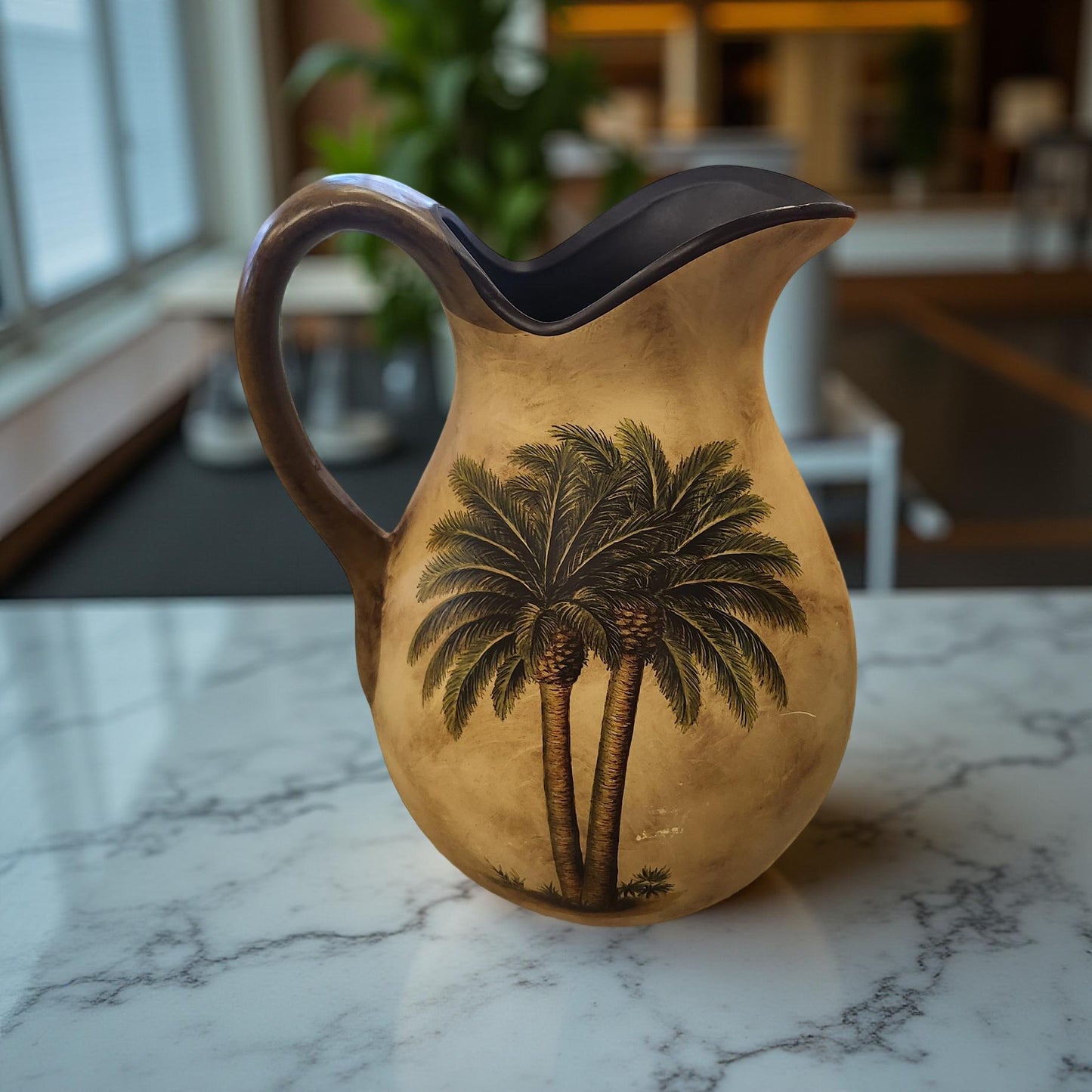 🌴 Palm Tree Ceramic Pitcher – Tropical Brown & Green Accent
