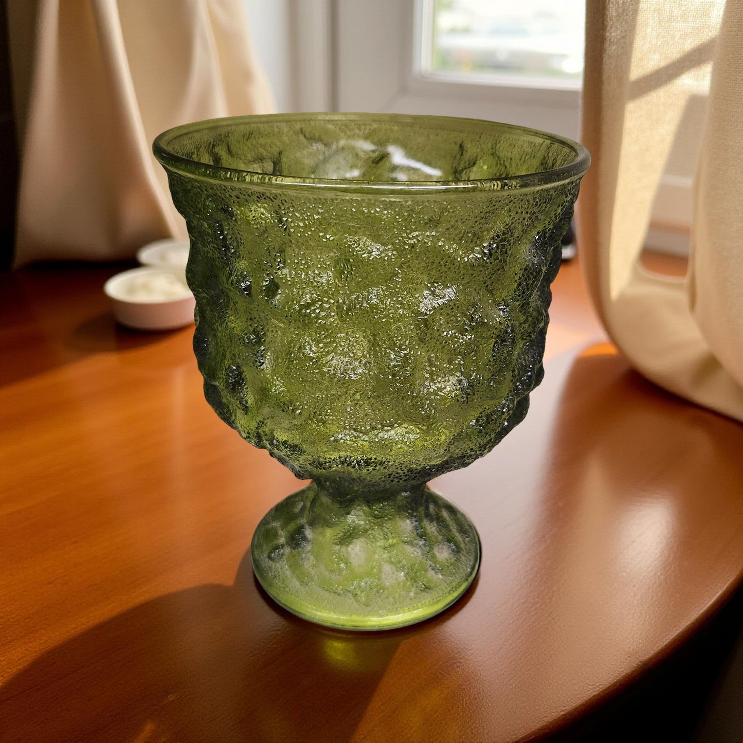 Crinkle Glass Green Pedestal Jar - Indiana Glass Co and EO Brody