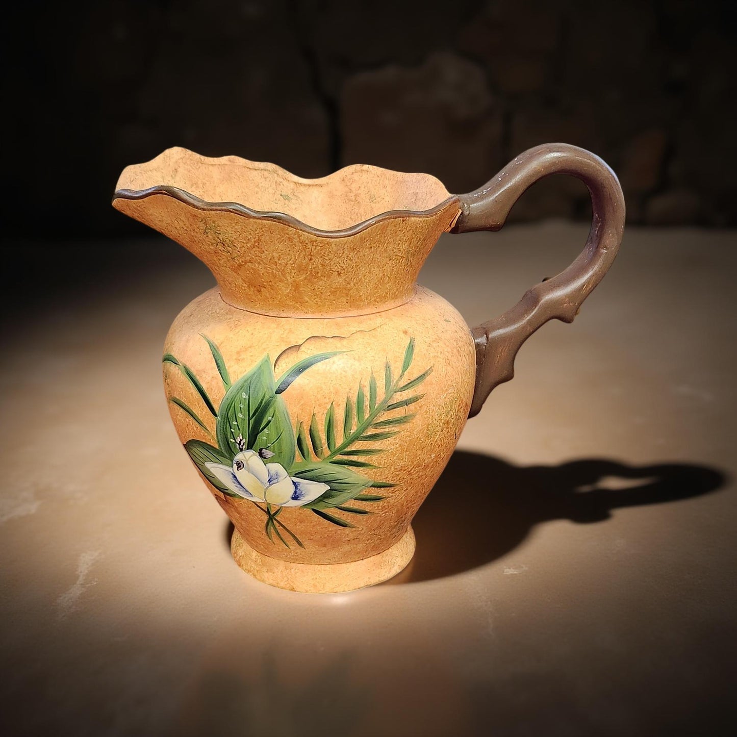 🌺 Tropical Floral Ceramic Pitcher – White Flowers & Ferns