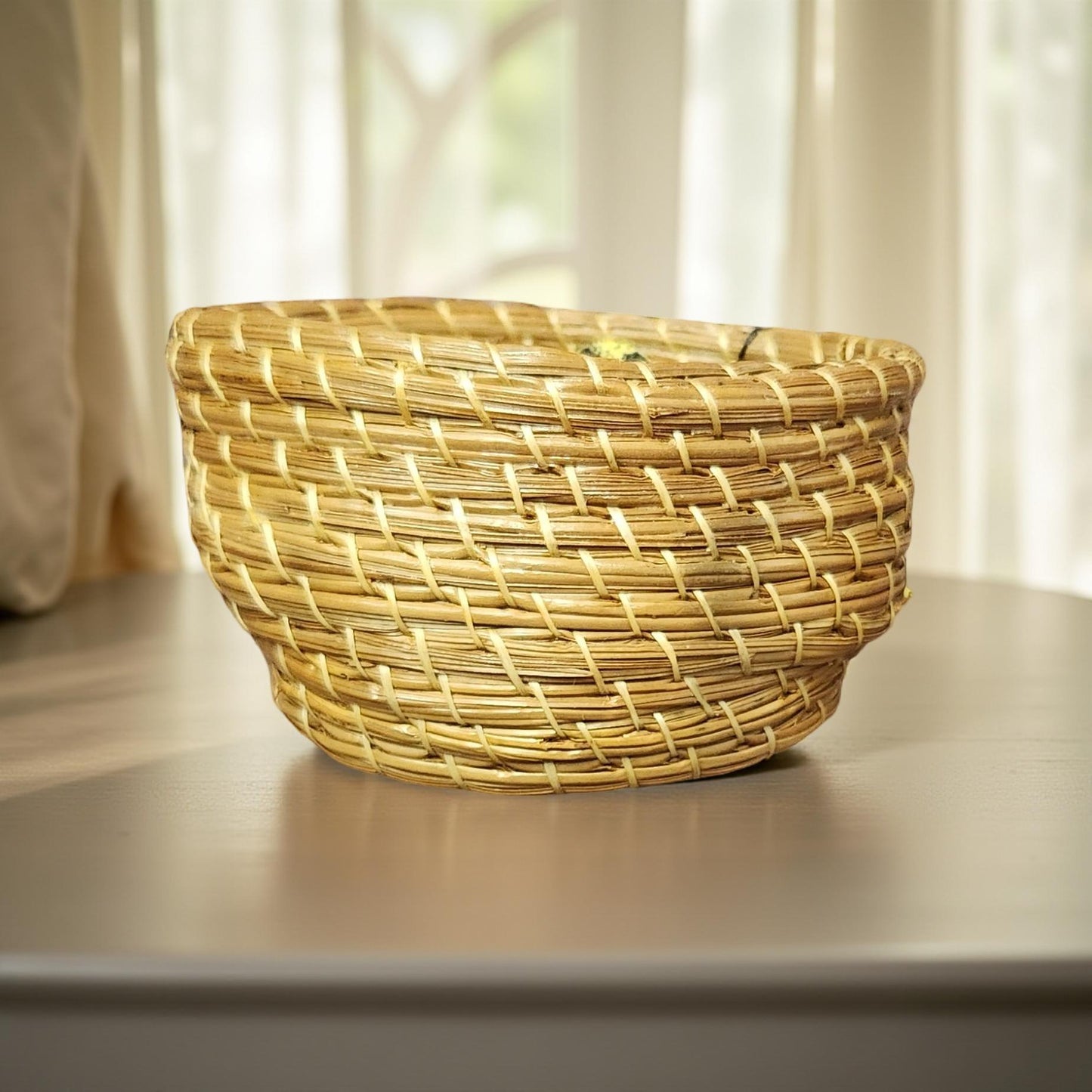 Boho Pine Needle Basket with Cermaic or Shell Base - Small Handcrafted Decor