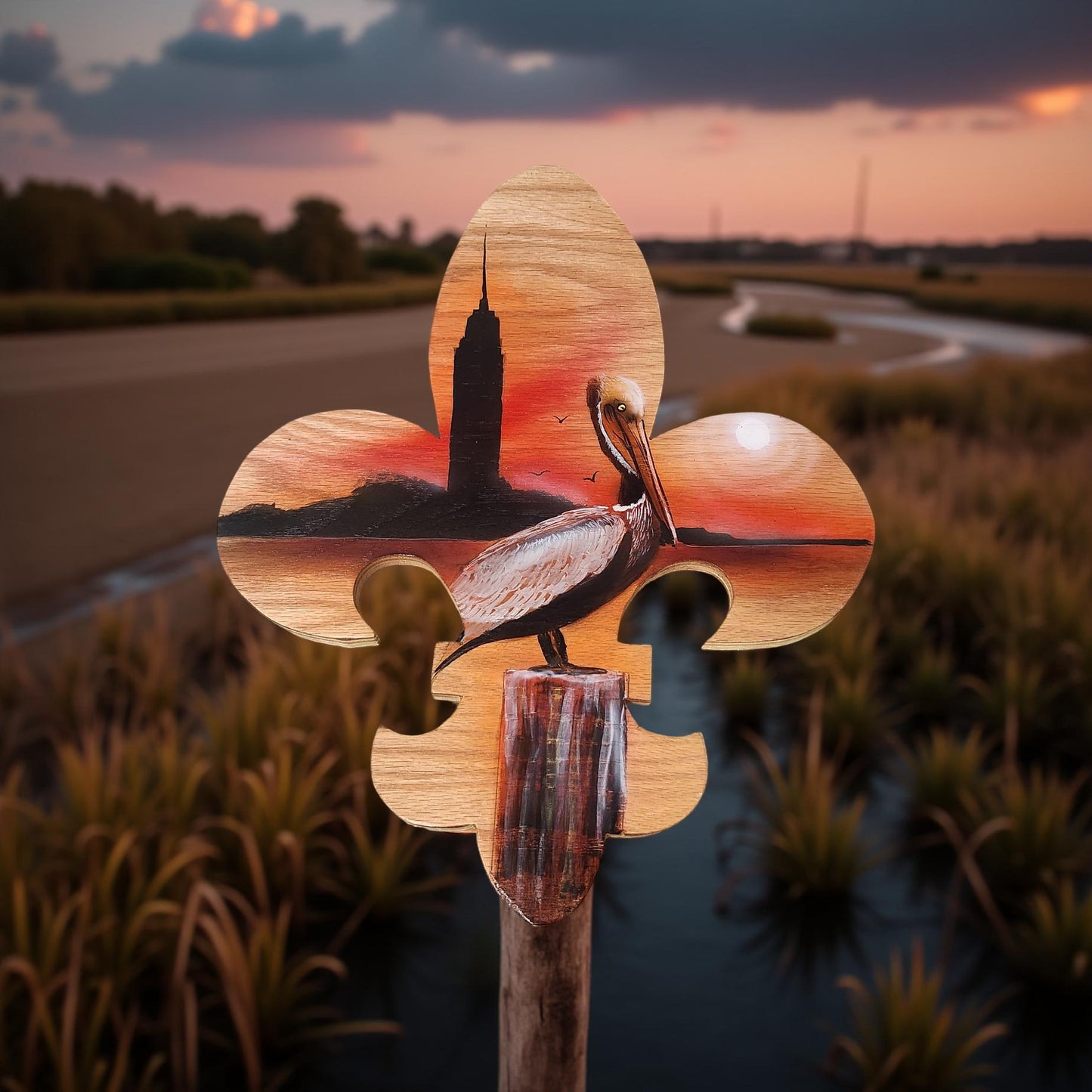 Hand-Painted Fleur de Lis Wall Plaque with Louisiana Scenery Featuring Pelican