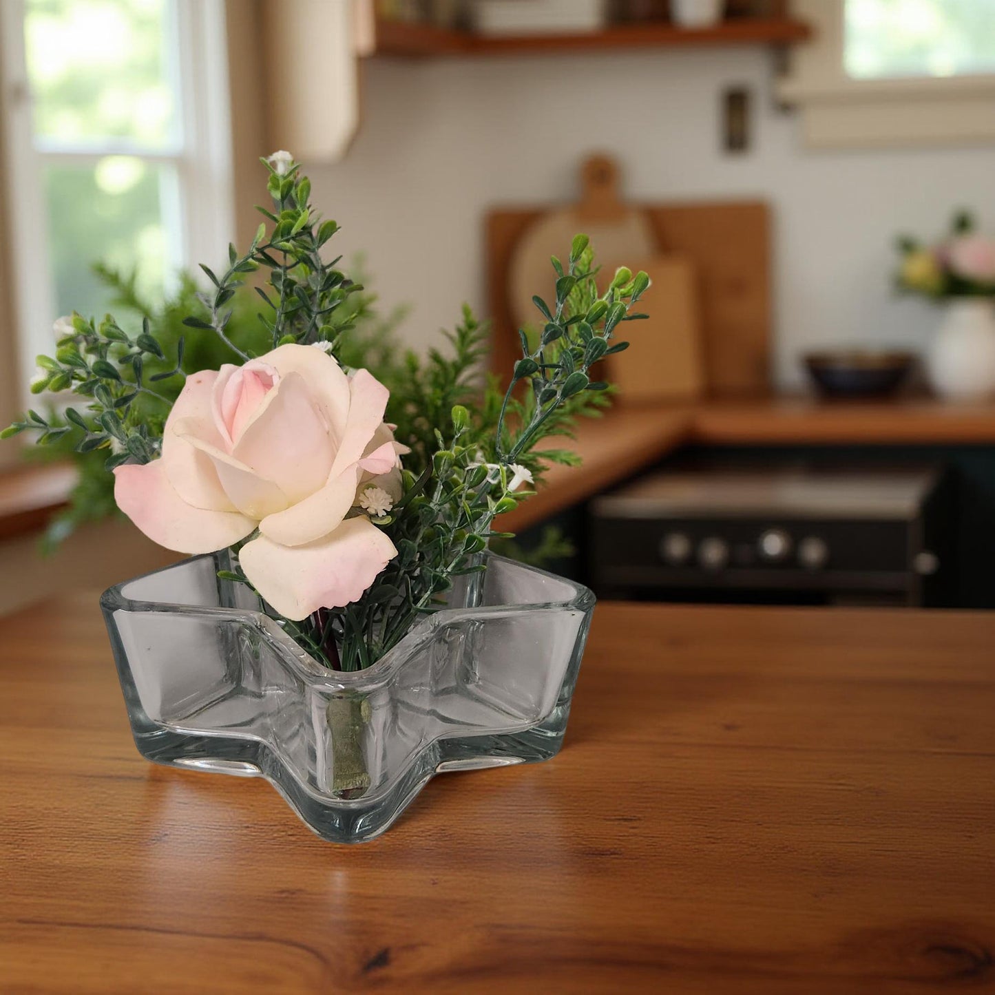 Handmade Silk Pink Rose in Elegant Glass Star Container