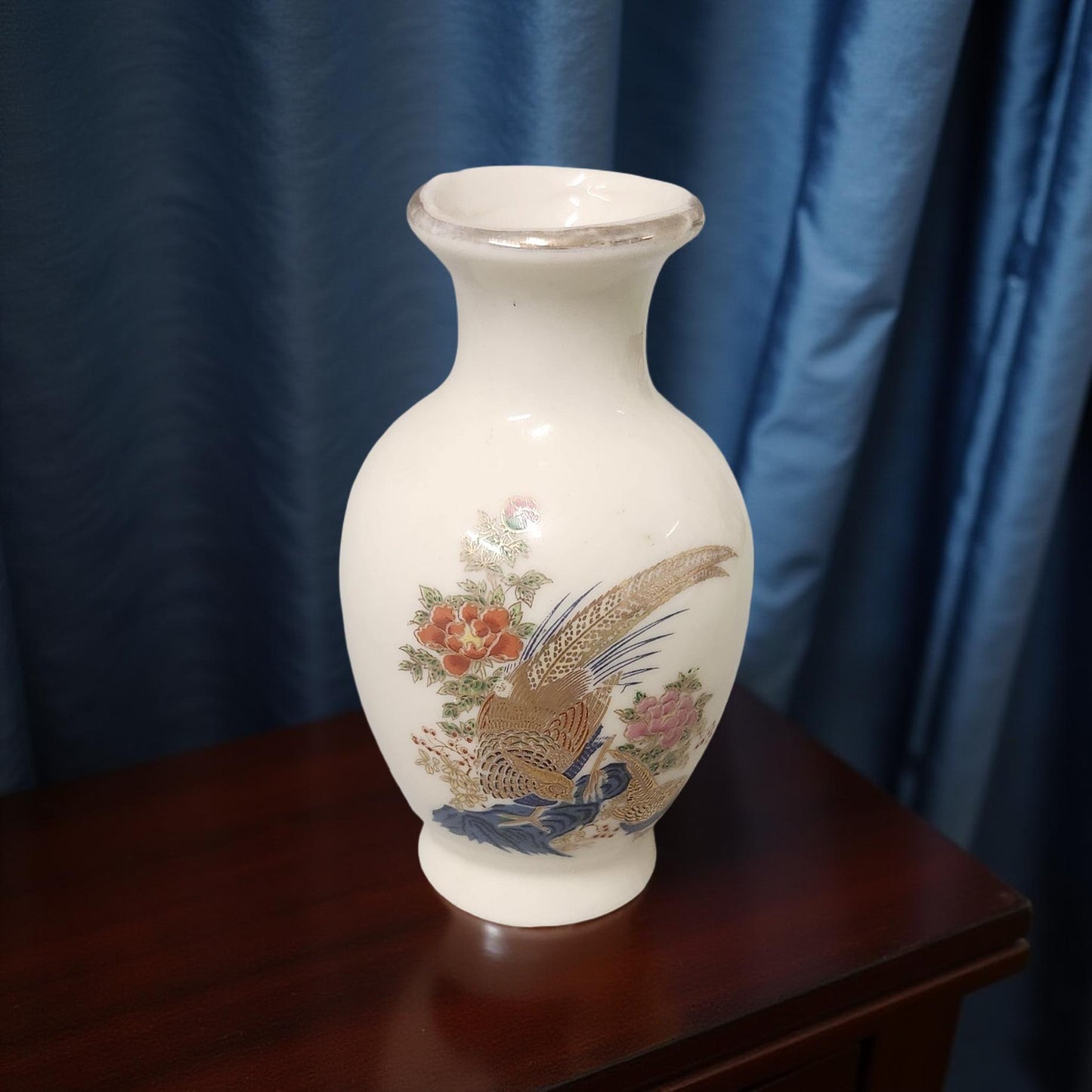 Vintage Japanese Mini Bud Vase – Peacock & Floral Elegance