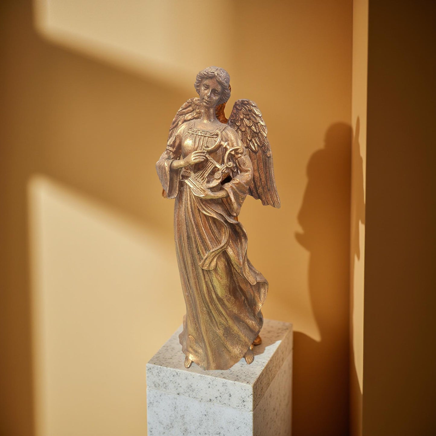 Bronzed Finish Angel Statue with Harp