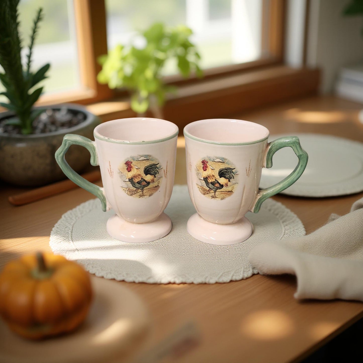 Set of 2 Rooster Pedestal Mugs - Limited Supply