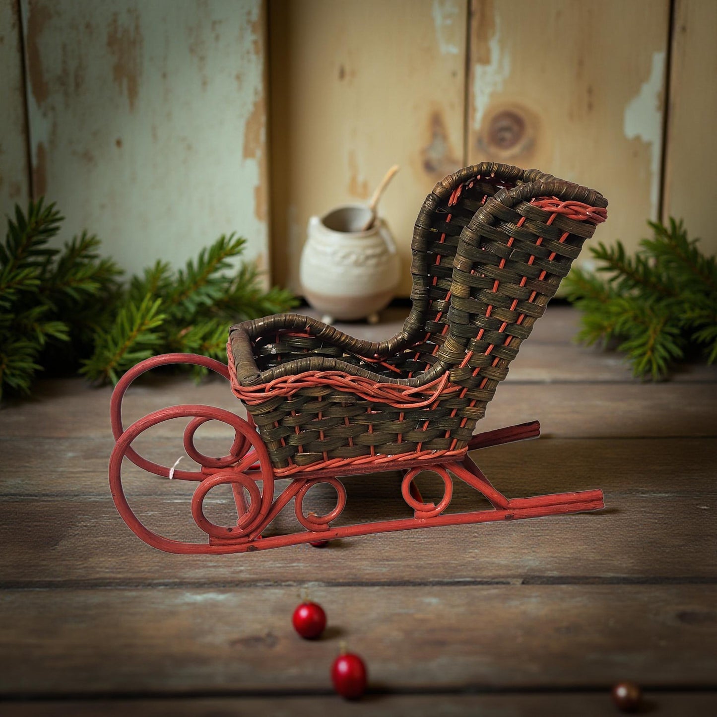 Green & Red Wicker Santa Sleigh