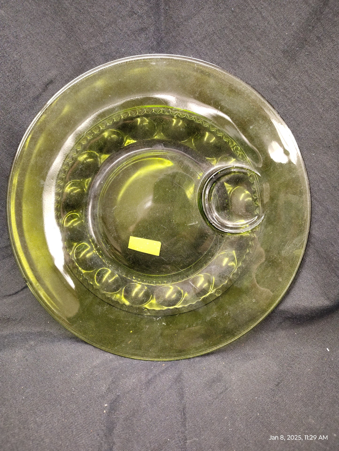 King's Crown Thumbprint Avocado Green Plate - Indiana Glass Company