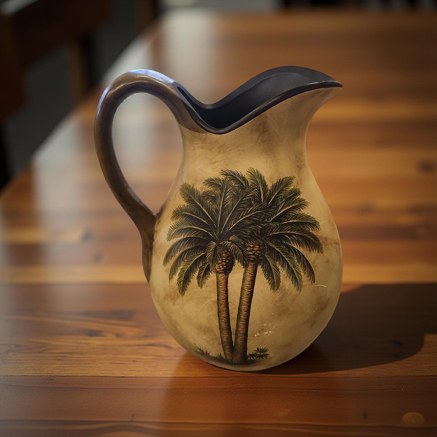 🌴 Palm Tree Ceramic Pitcher – Tropical Brown & Green Accent