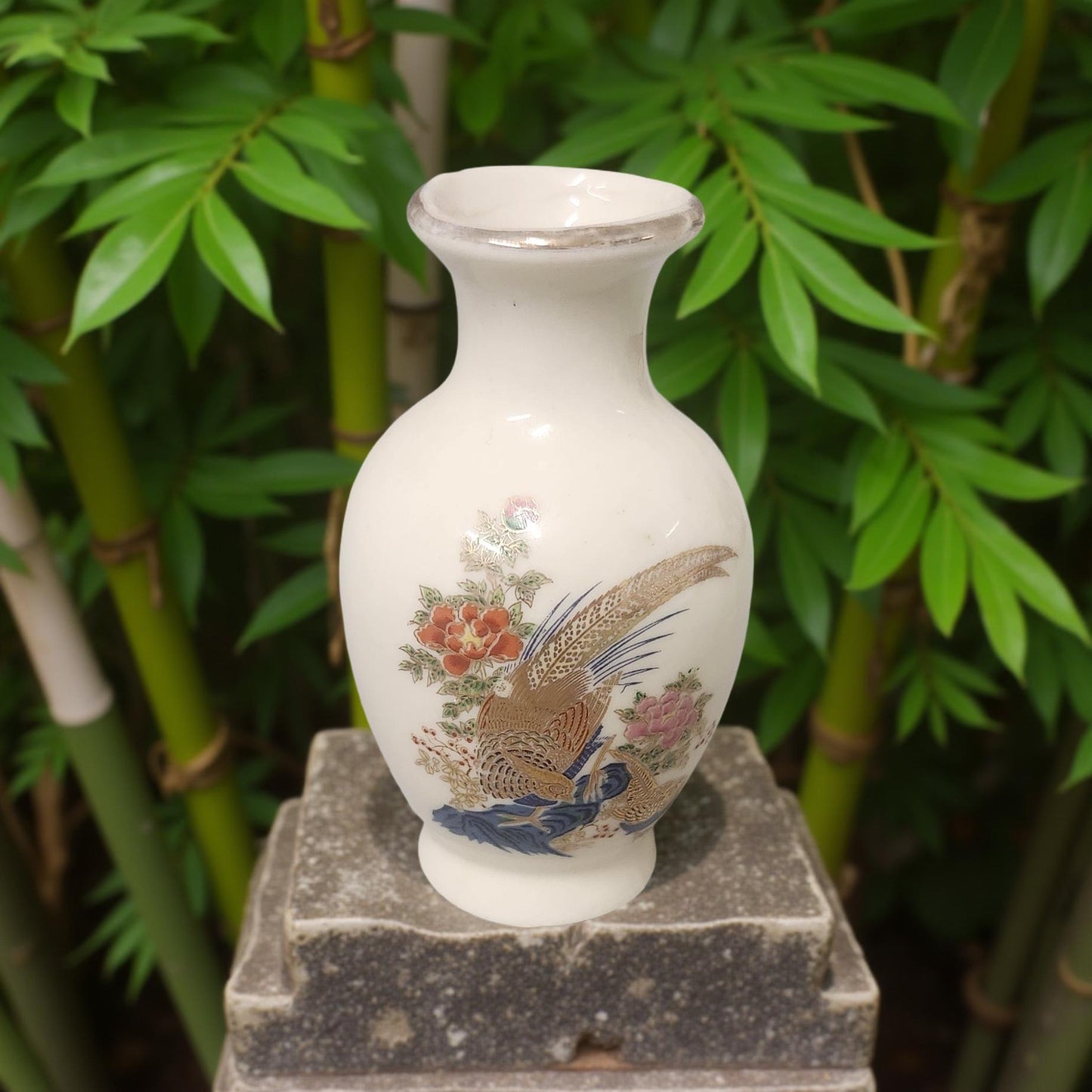 Vintage Japanese Mini Bud Vase – Peacock & Floral Elegance