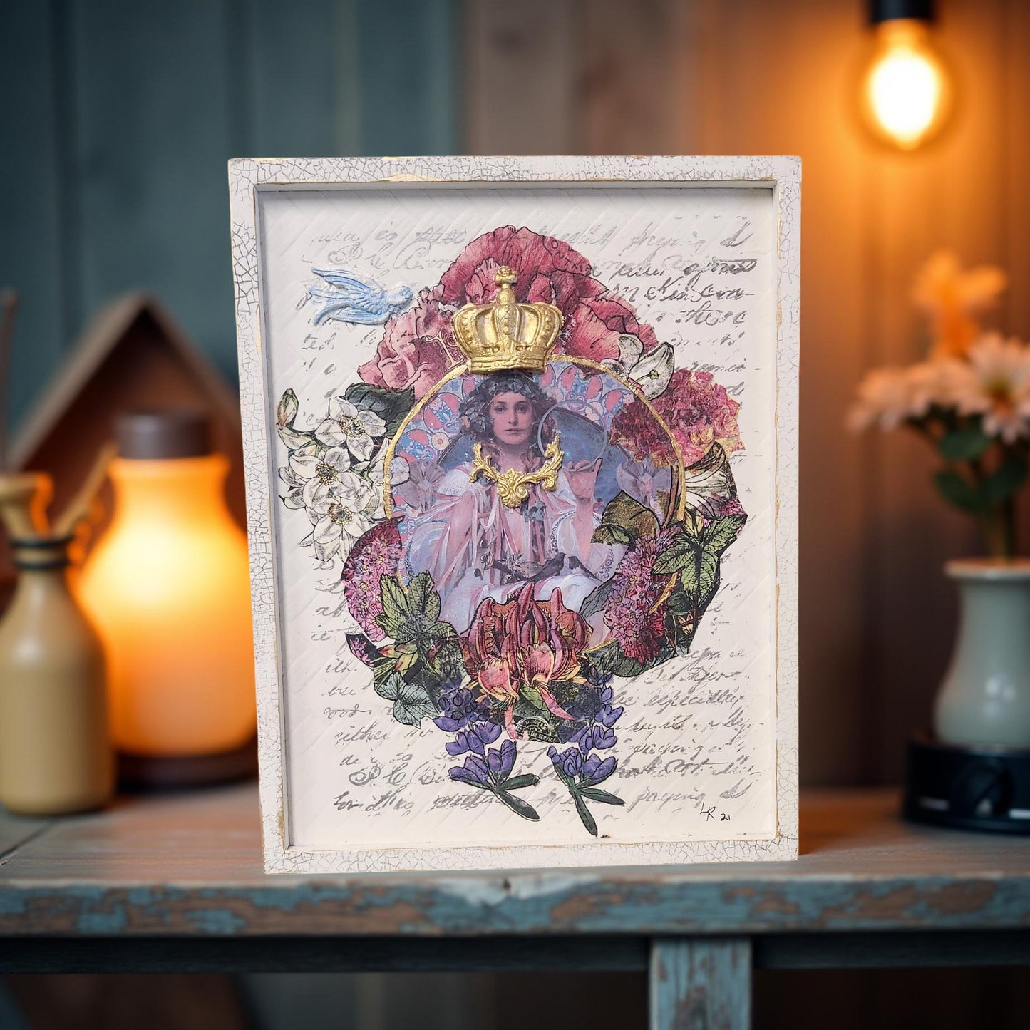 Handmade Mary in Flowers Decoupage Art by Linda Richard