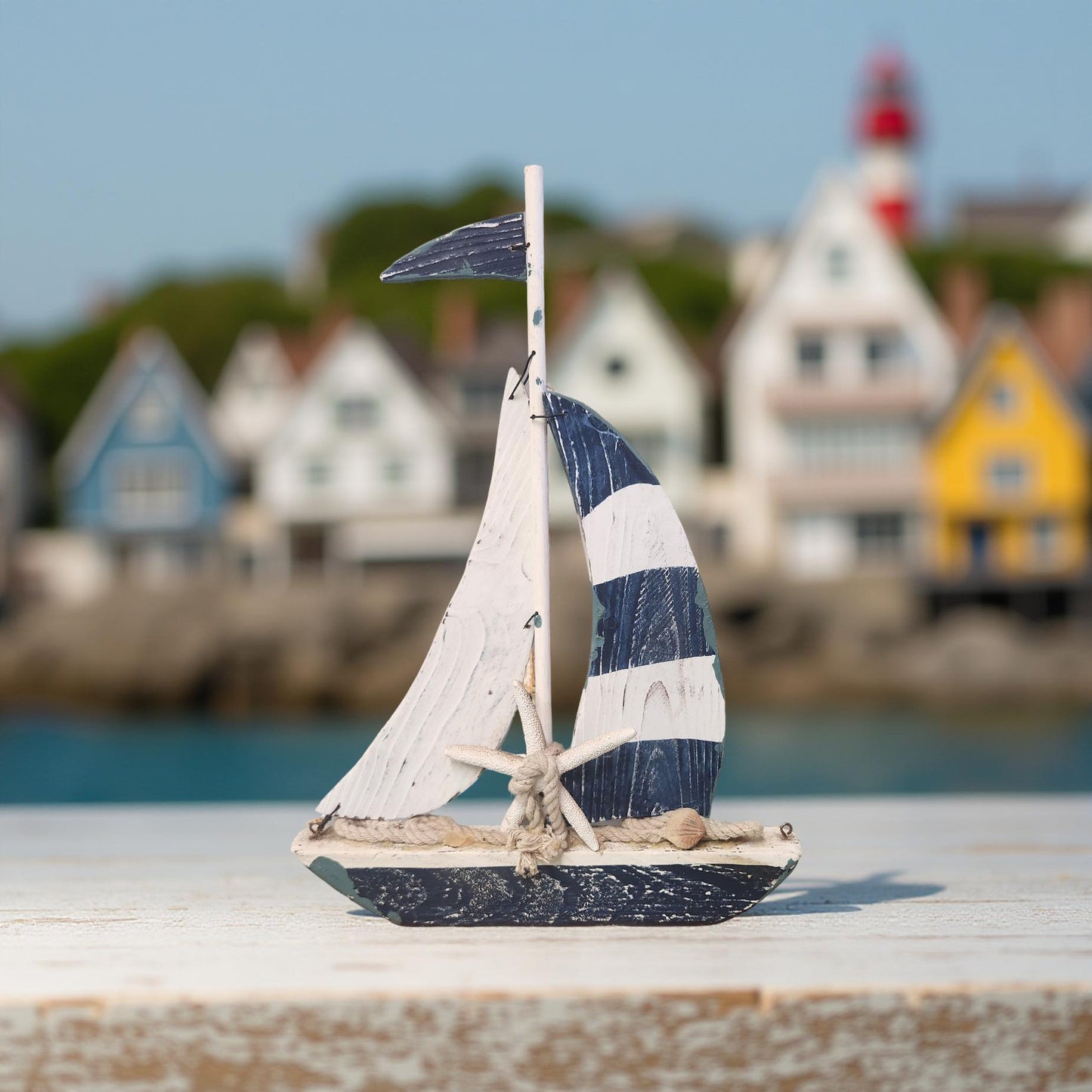 Blue & White Wooden Sailboat