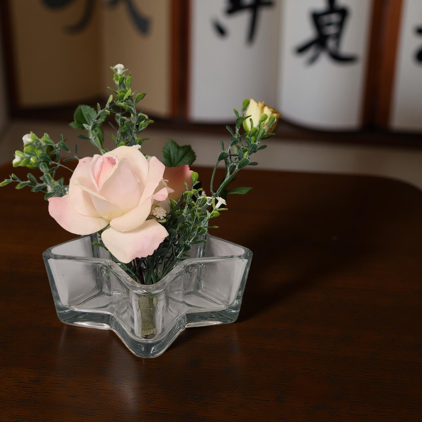 Handmade Silk Pink Rose in Elegant Glass Star Container