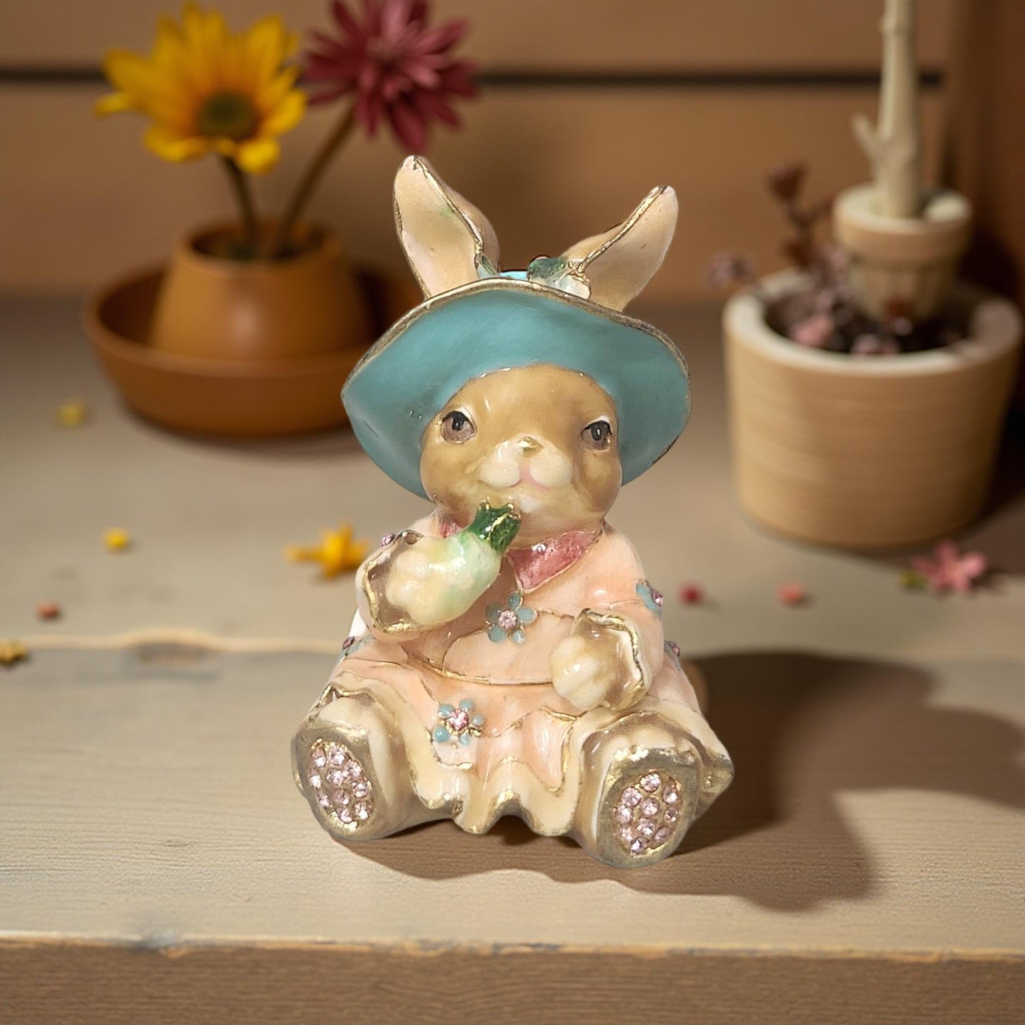 Rabbit Trinket Box with Rhinestone Embellishments & Blue Hat