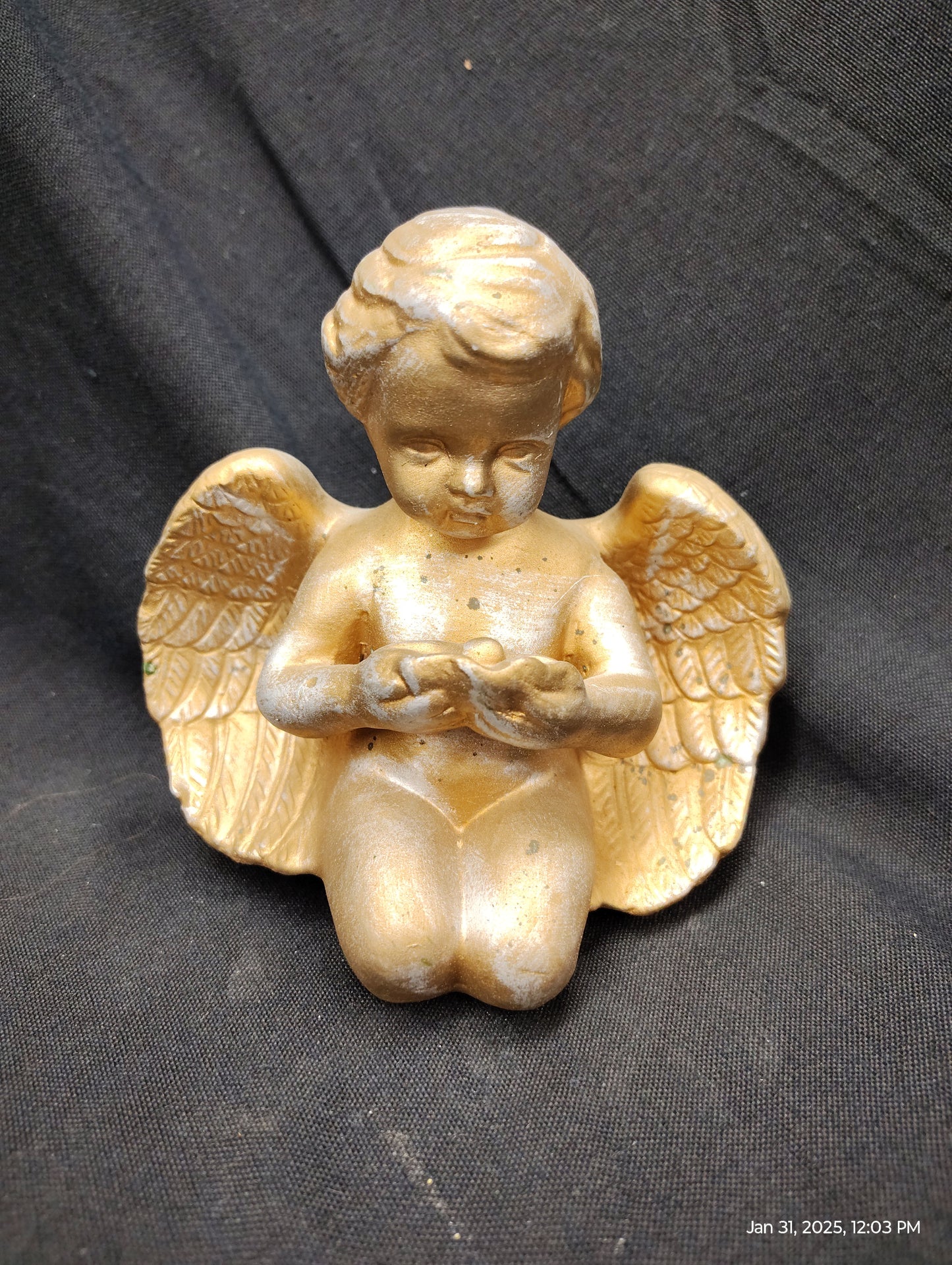 Vintage Gold-Leaf Cherub Figurine with Clam Shell and Pearl