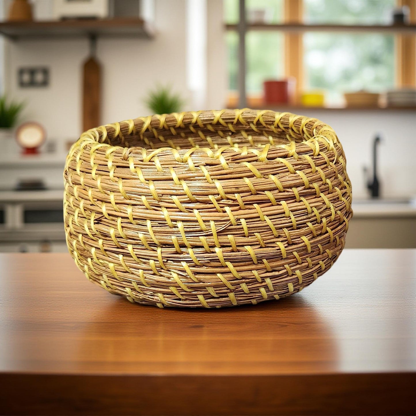 Boho Pine Needle Basket with Cermaic or Shell Base - Small Handcrafted Decor