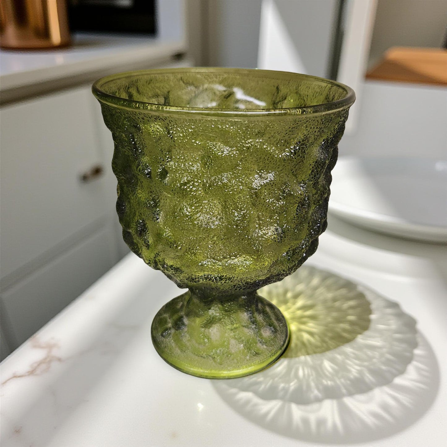 Crinkle Glass Green Pedestal Jar - Indiana Glass Co and EO Brody
