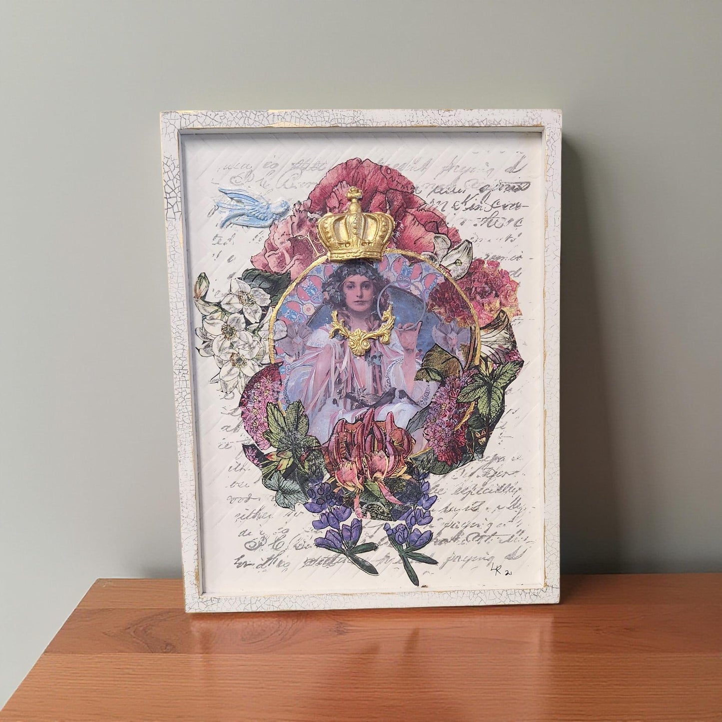 Handmade Mary in Flowers Decoupage Art by Linda Richard