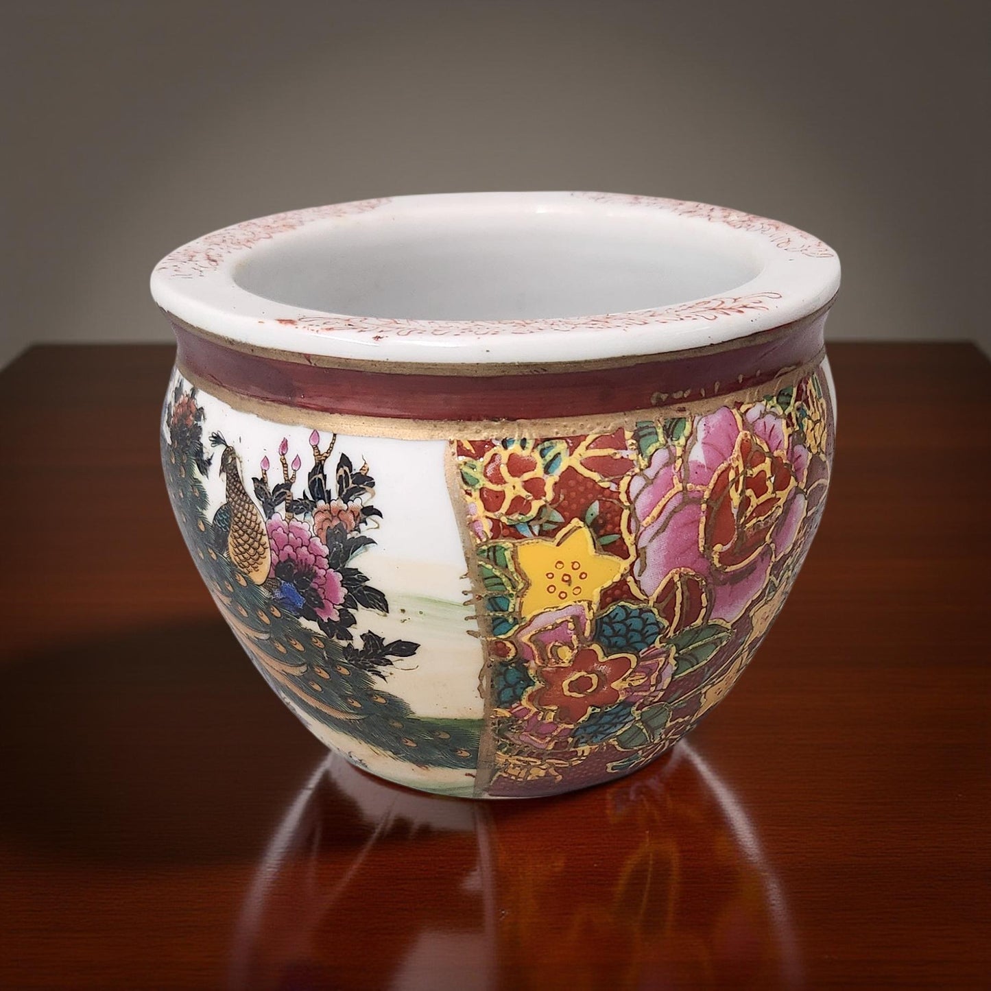 Japanese Fishbowl Peacock & Floral Porcelain Planter