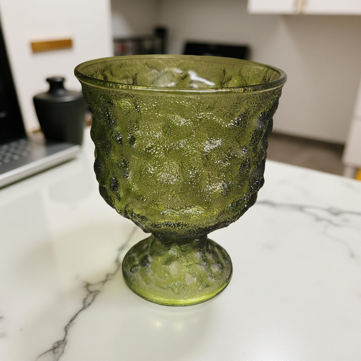 Crinkle Glass Green Pedestal Jar - Indiana Glass Co and EO Brody