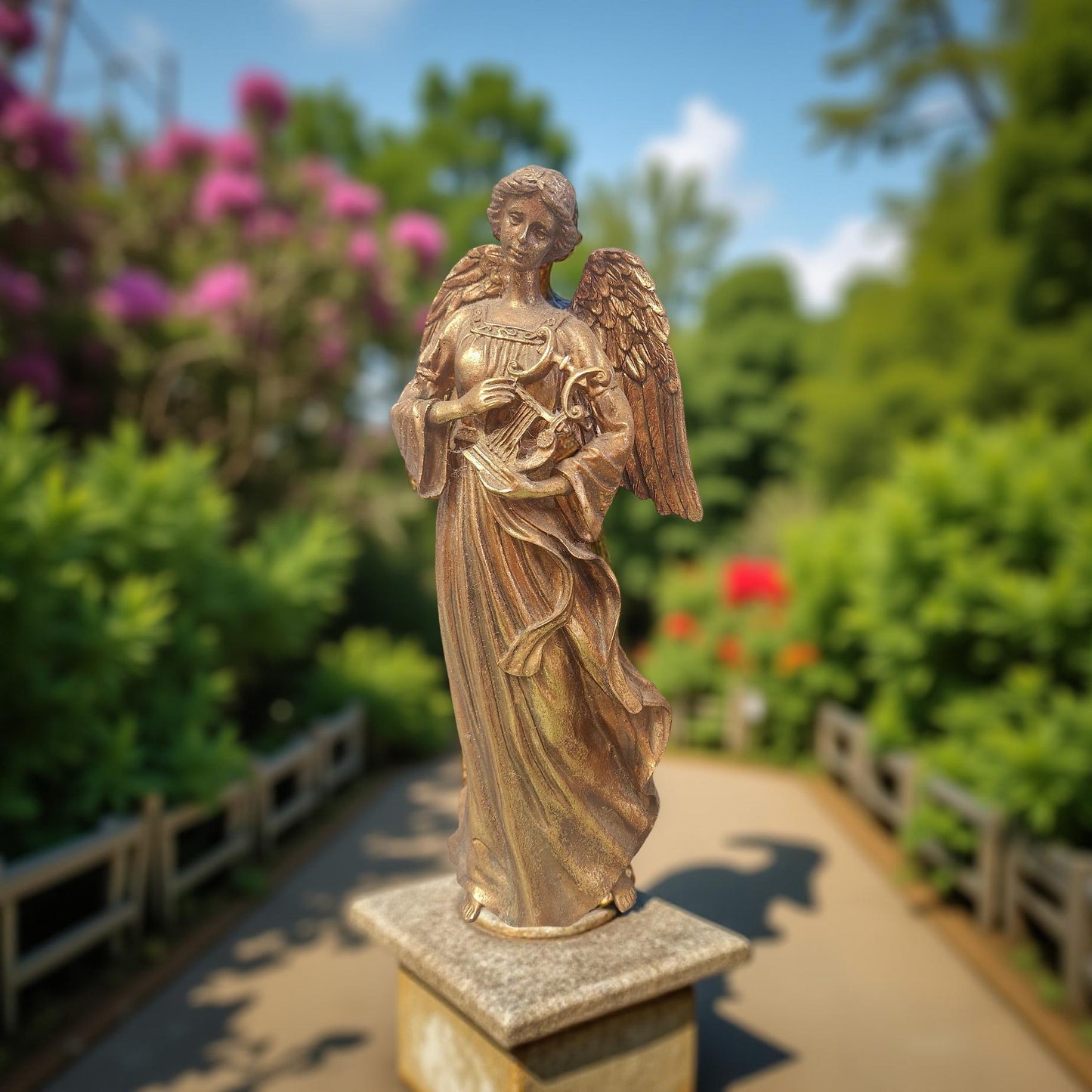 Bronzed Finish Angel Statue with Harp