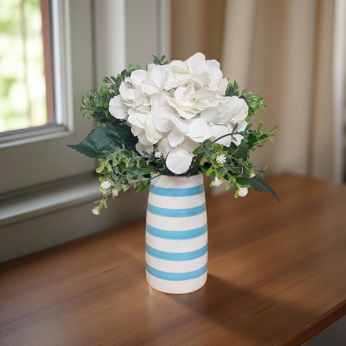 White Hydrangea Bouquet in Blue Teal and White Vase - Floral Home Decor